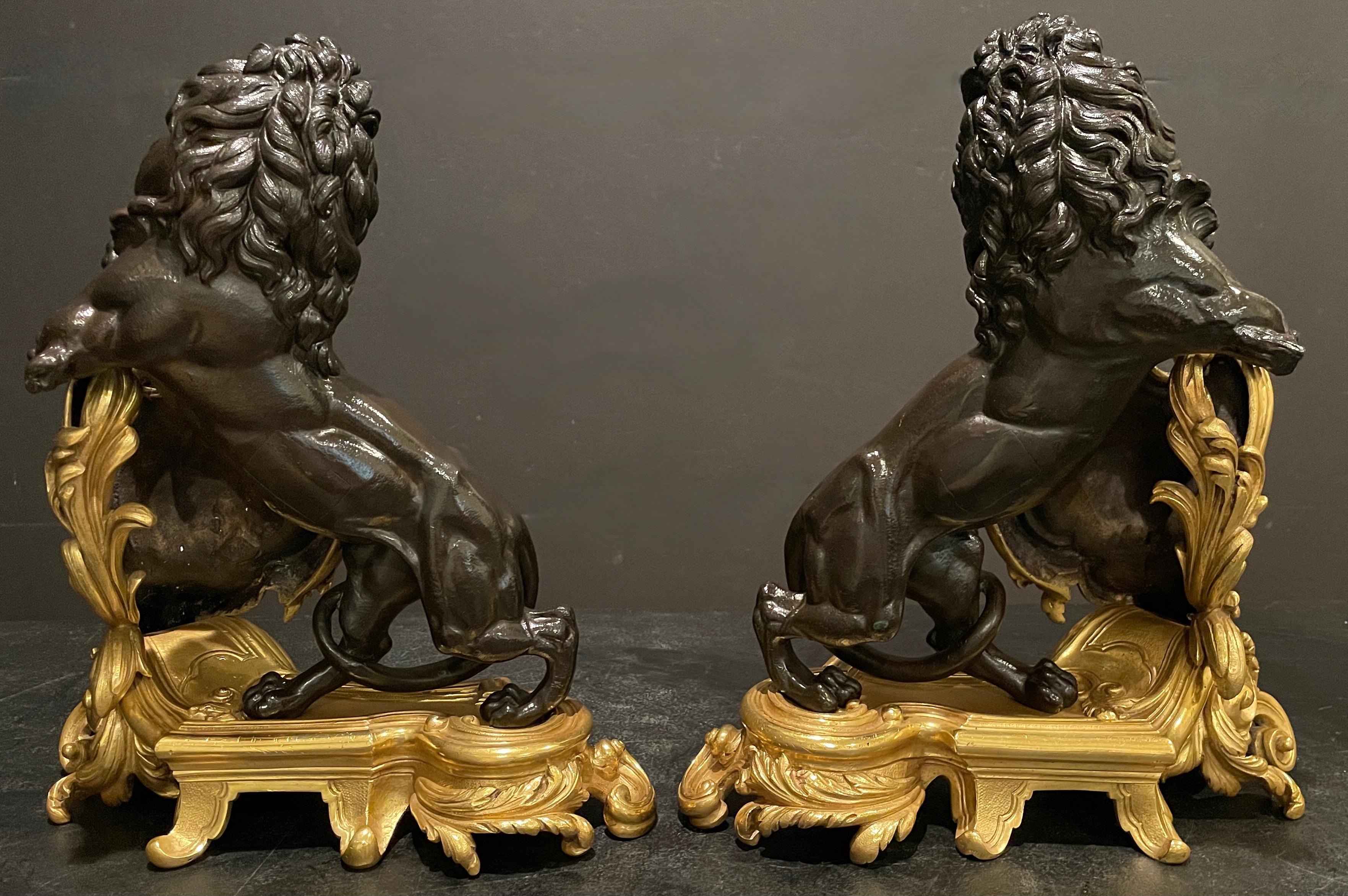 Gold Plate Fine Pair Of Figural Patinated and Gilt Lion Chenets For Sale