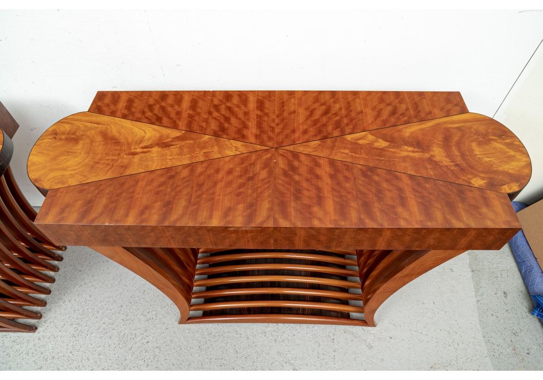 Veneer Pair of Fine Post Modern Mixed Wood Console Tables For Sale