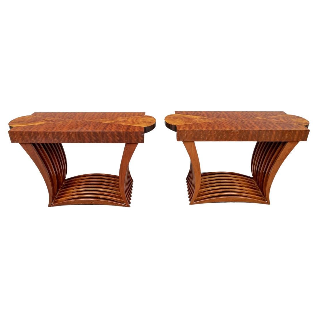 Pair of Fine Post Modern Mixed Wood Console Tables