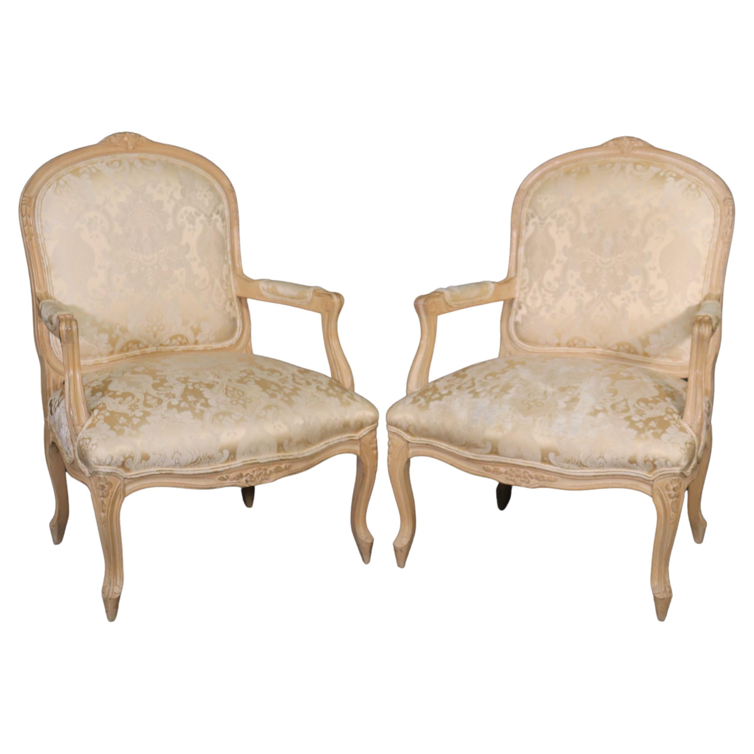 Pair of Fine Quality Carved Limed Beechwood French Louis XV Armchairs Curca 1940 For Sale
