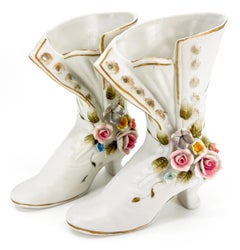 Pair of Fine Quality Decorative Vintage Porcelain Floral Ladies Boots Vase