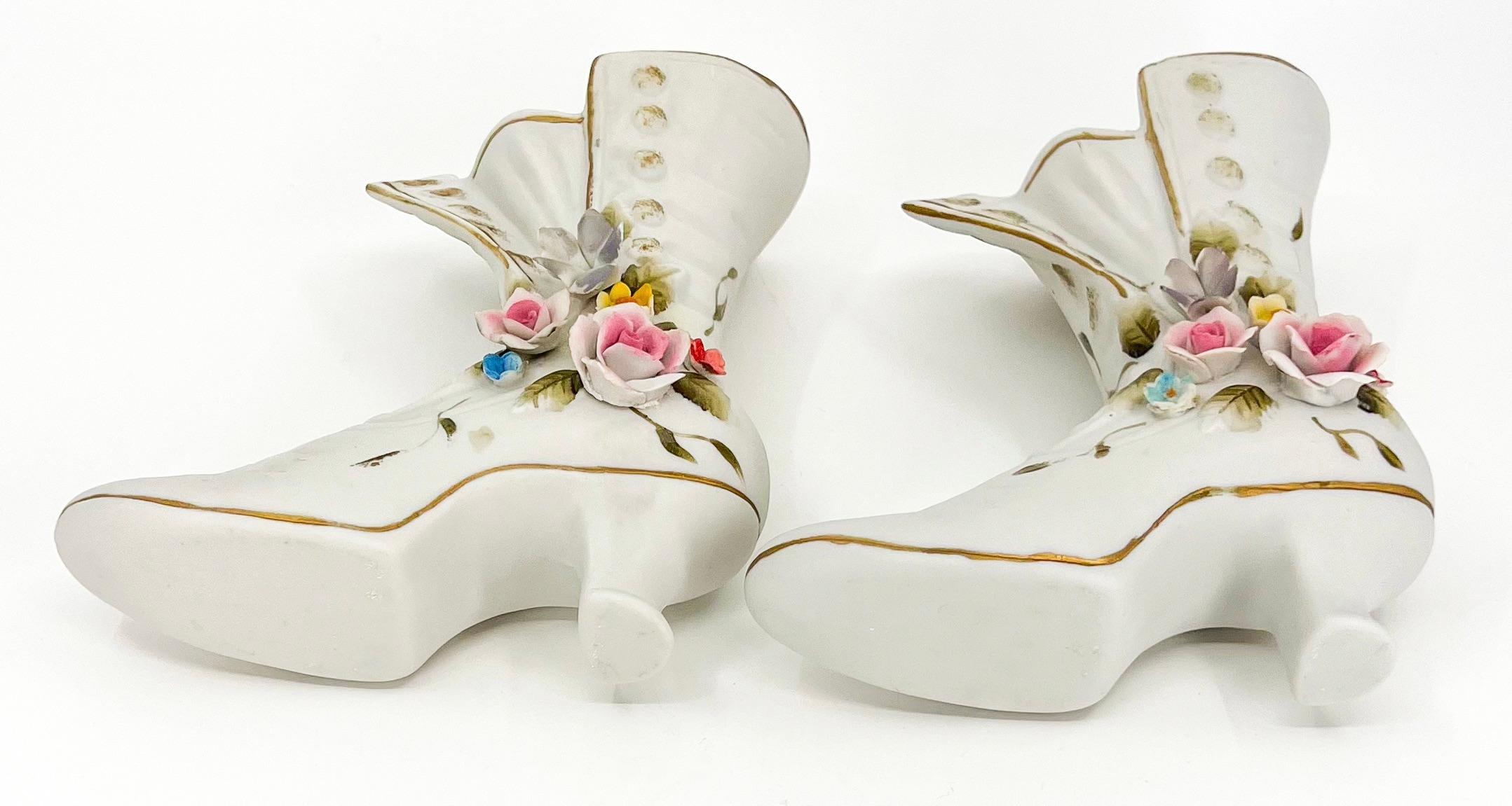 Ceramic Pair of Fine Quality Decorative Vintage Porcelain Floral Ladies Boots Vase For Sale