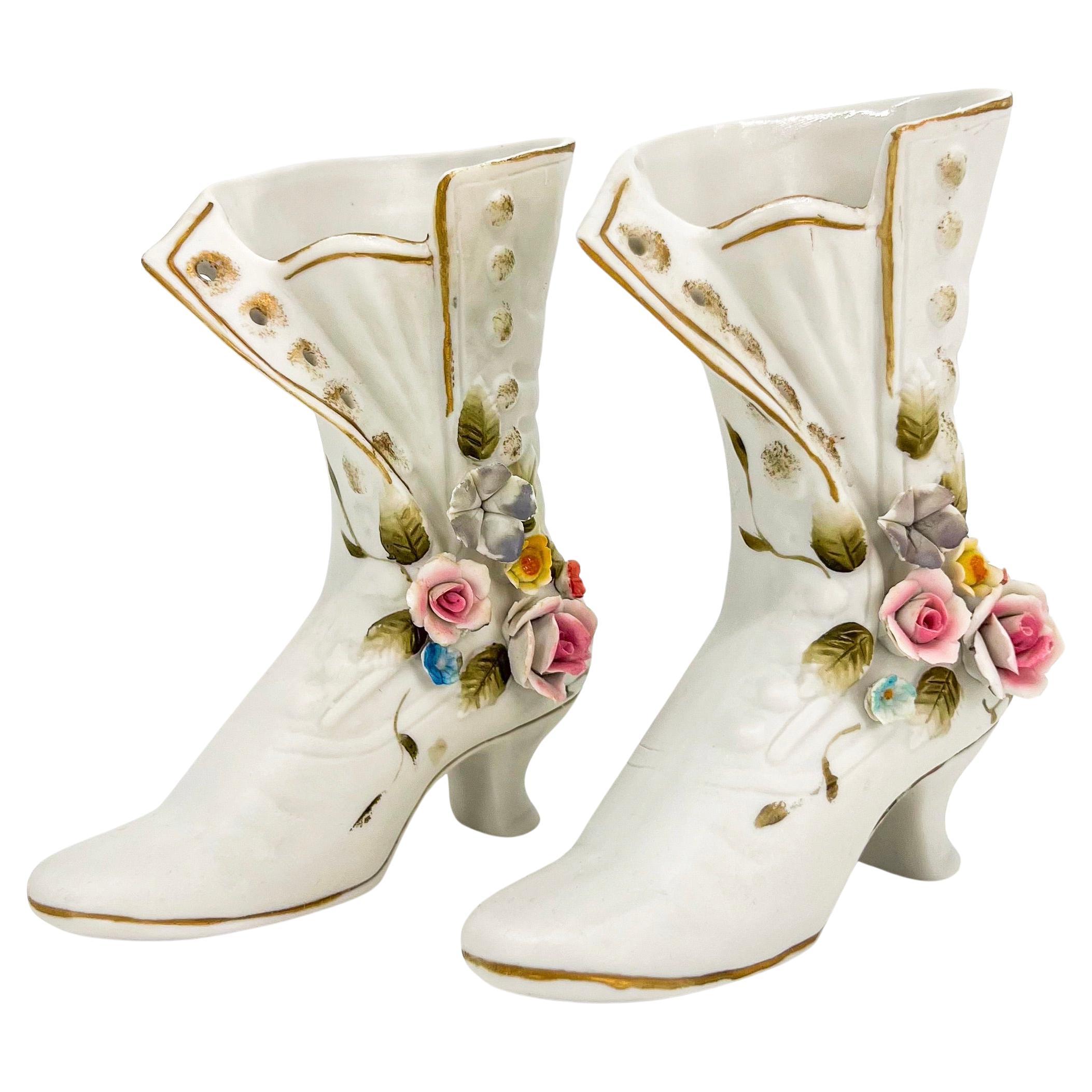 Pair of Fine Quality Decorative Vintage Porcelain Floral Ladies Boots Vase For Sale