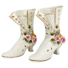 Pair of Fine Quality Decorative Antique Porcelain Floral Ladies Boots Vase