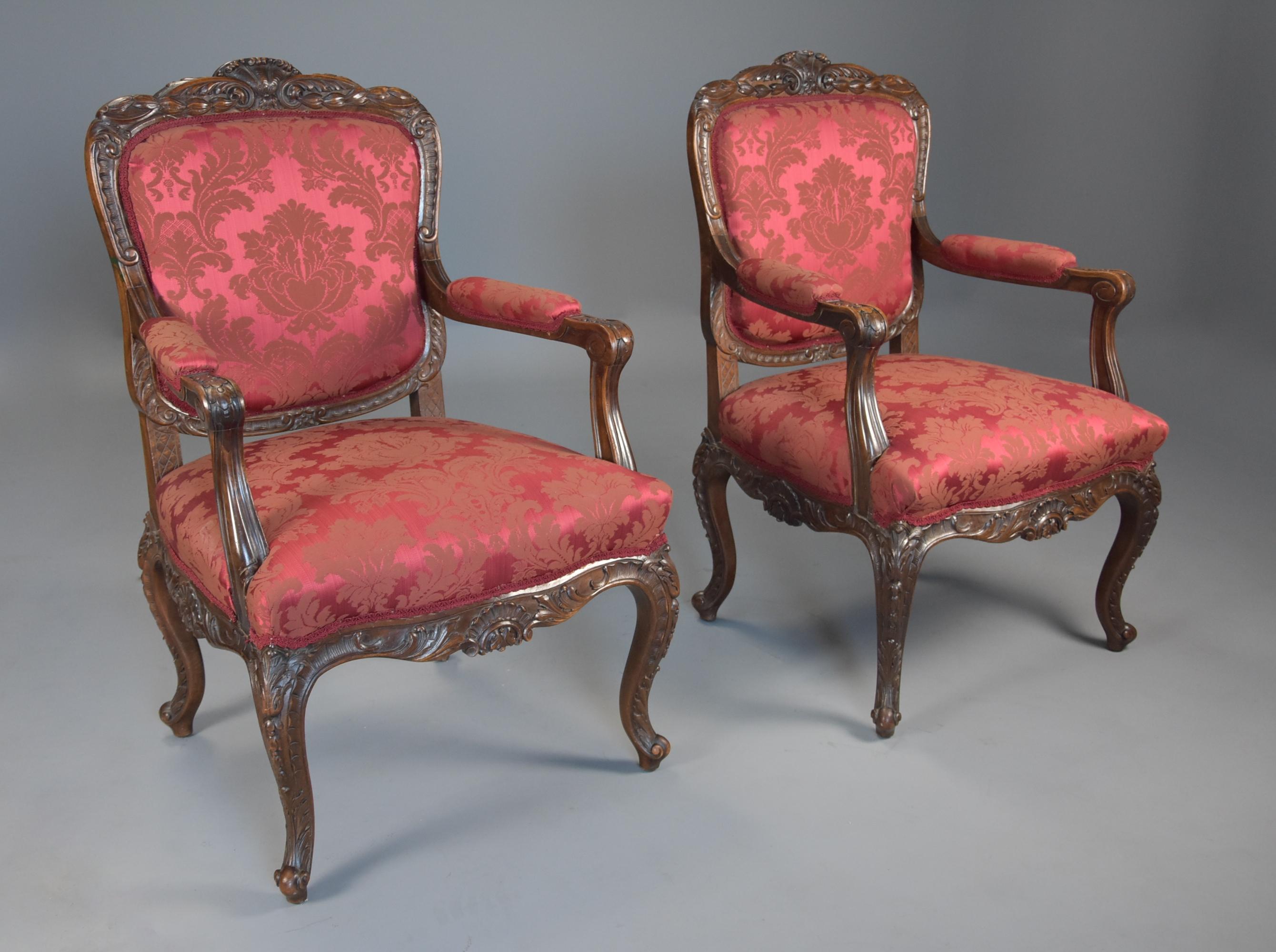 Pair of Fine Quality French, 19th Century Walnut Fauteuils or Open Armchairs 1