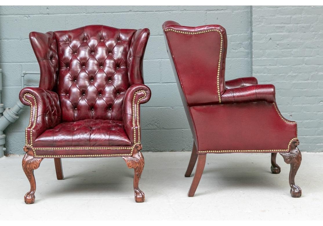 Pair Of Fine Quality Glazed Oxblood Leather Wing Chairs In Good Condition In Bridgeport, CT