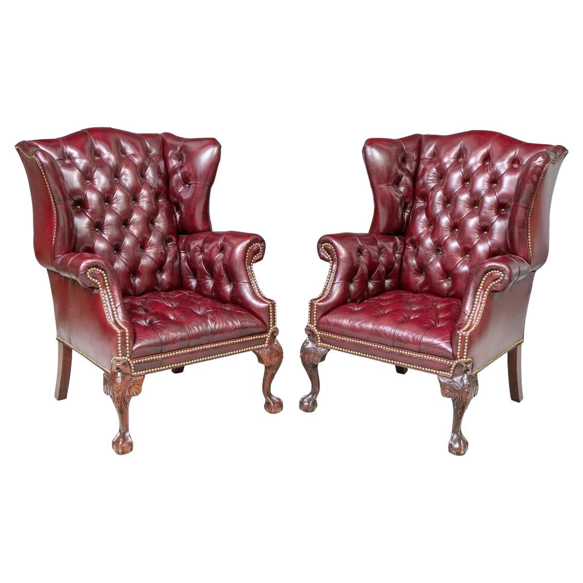 Pair Of Fine Quality Glazed Oxblood Leather Wing Chairs
