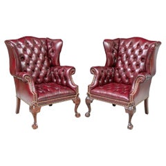 Pair Of Fine Quality Glazed Oxblood Leather Wing Chairs
