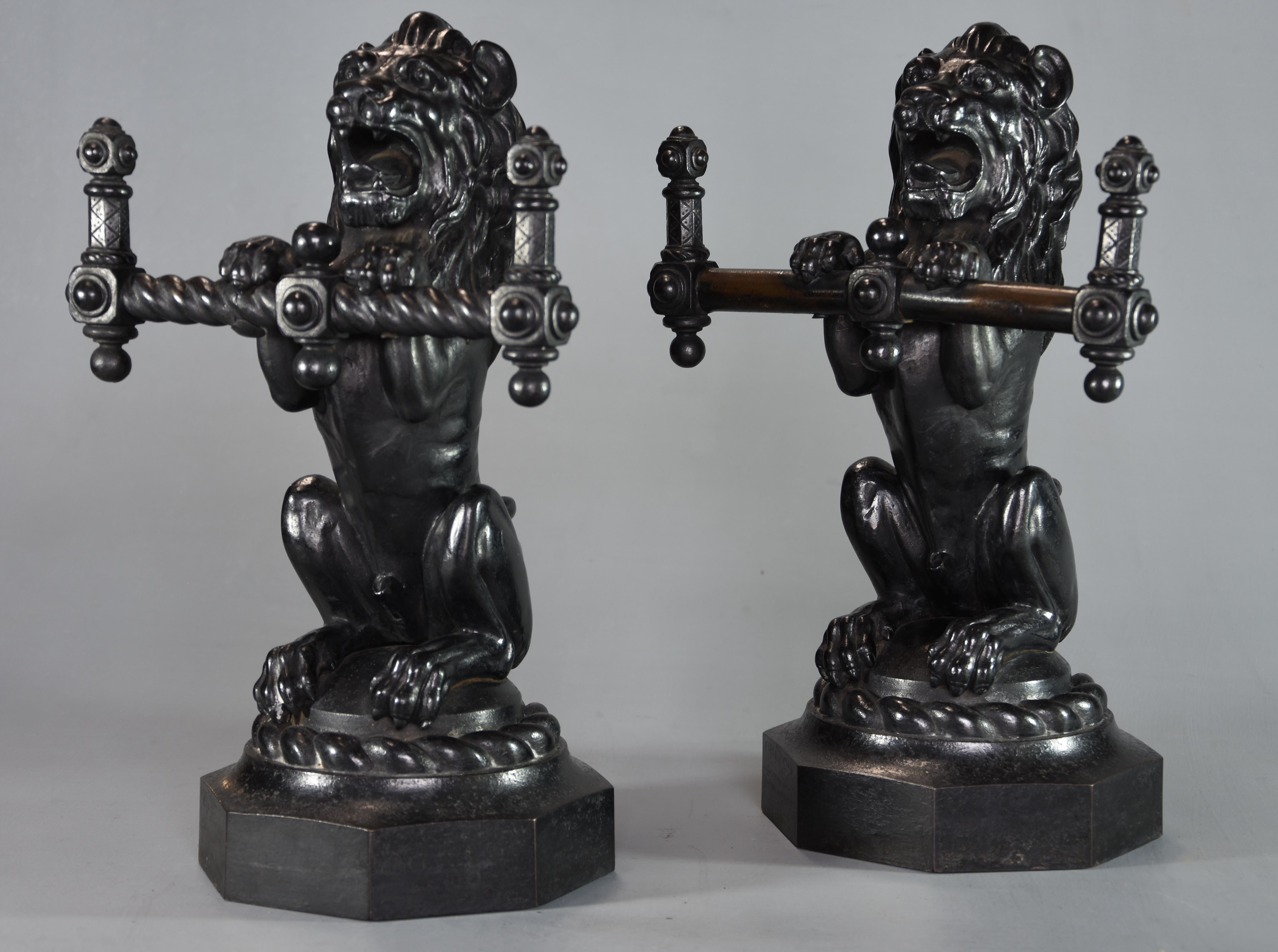 English Pair of Fine Quality Late 19th Century Cast Iron Fire Dogs in the Form of Lions