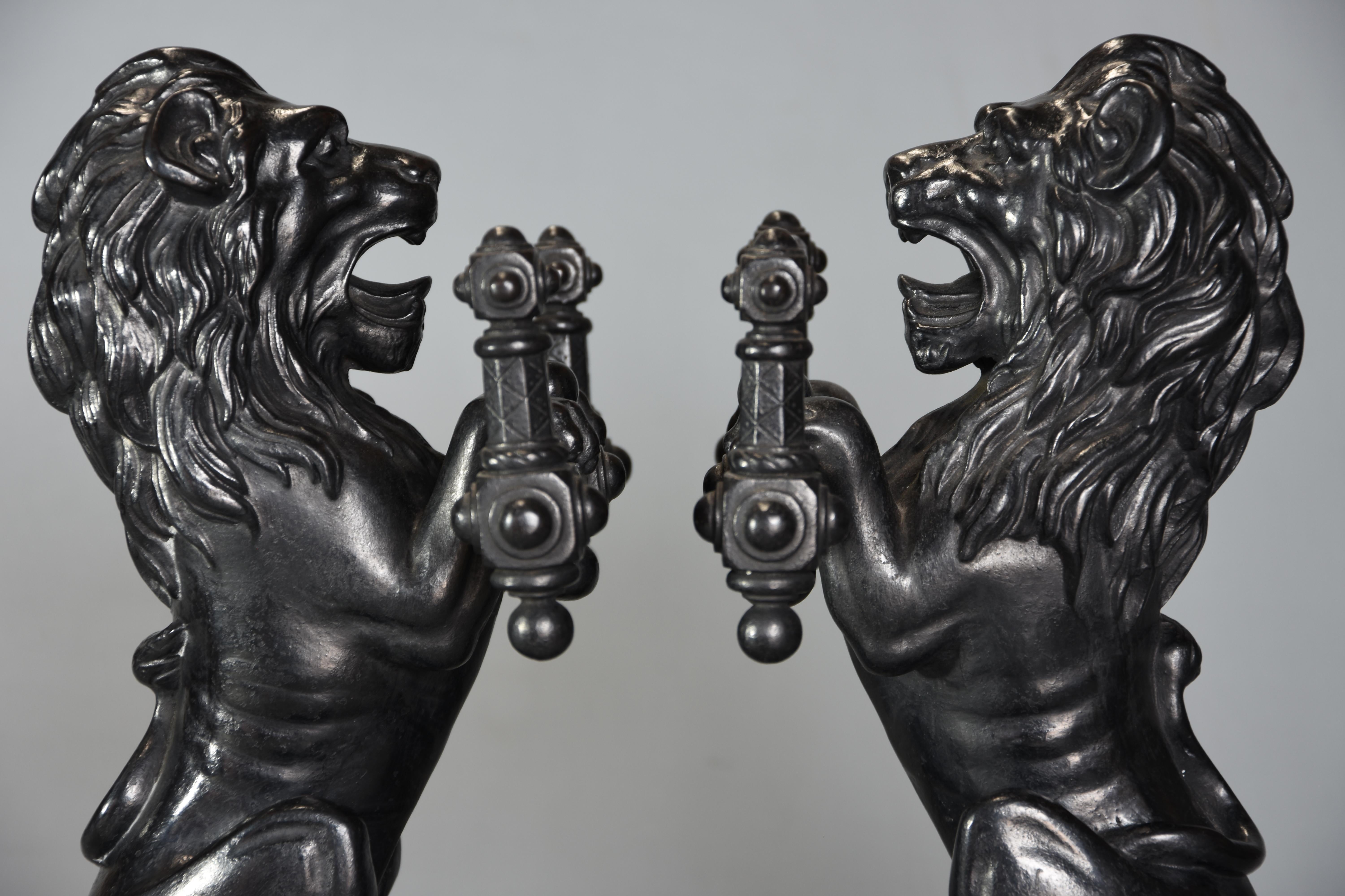 Pair of Fine Quality Late 19th Century Cast Iron Fire Dogs in the Form of Lions In Good Condition In Suffolk, GB