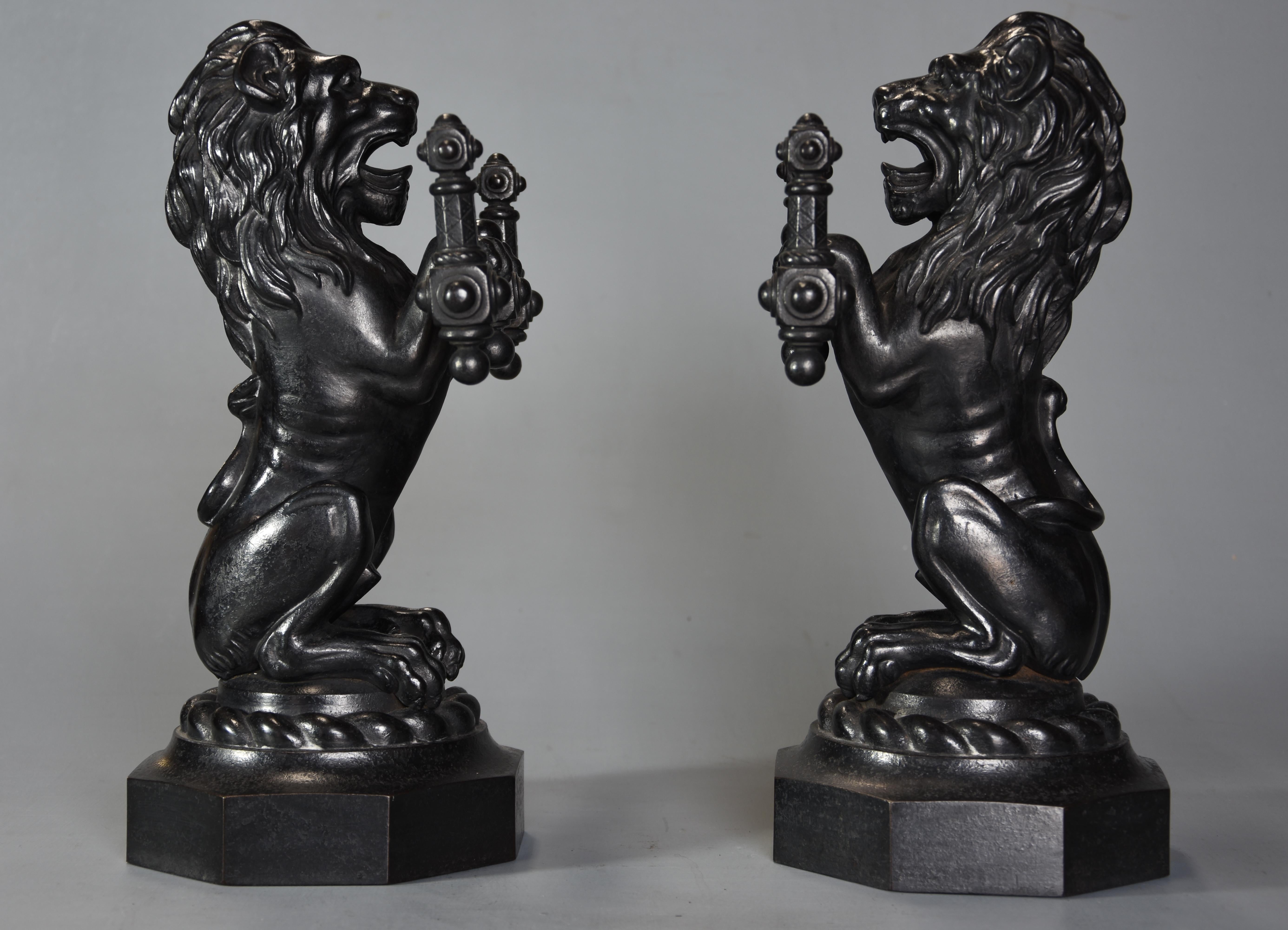Pair of Fine Quality Late 19th Century Cast Iron Fire Dogs in the Form of Lions 1