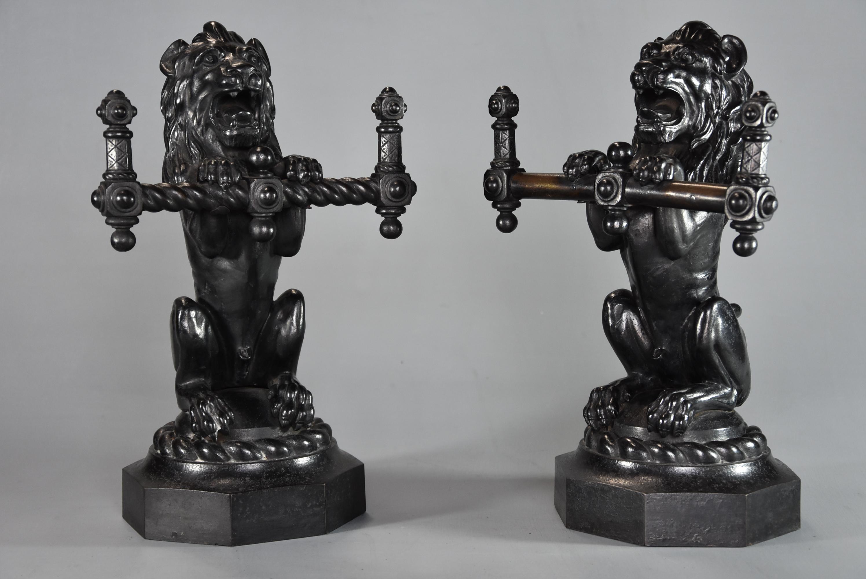 Pair of Fine Quality Late 19th Century Cast Iron Fire Dogs in the Form of Lions 2