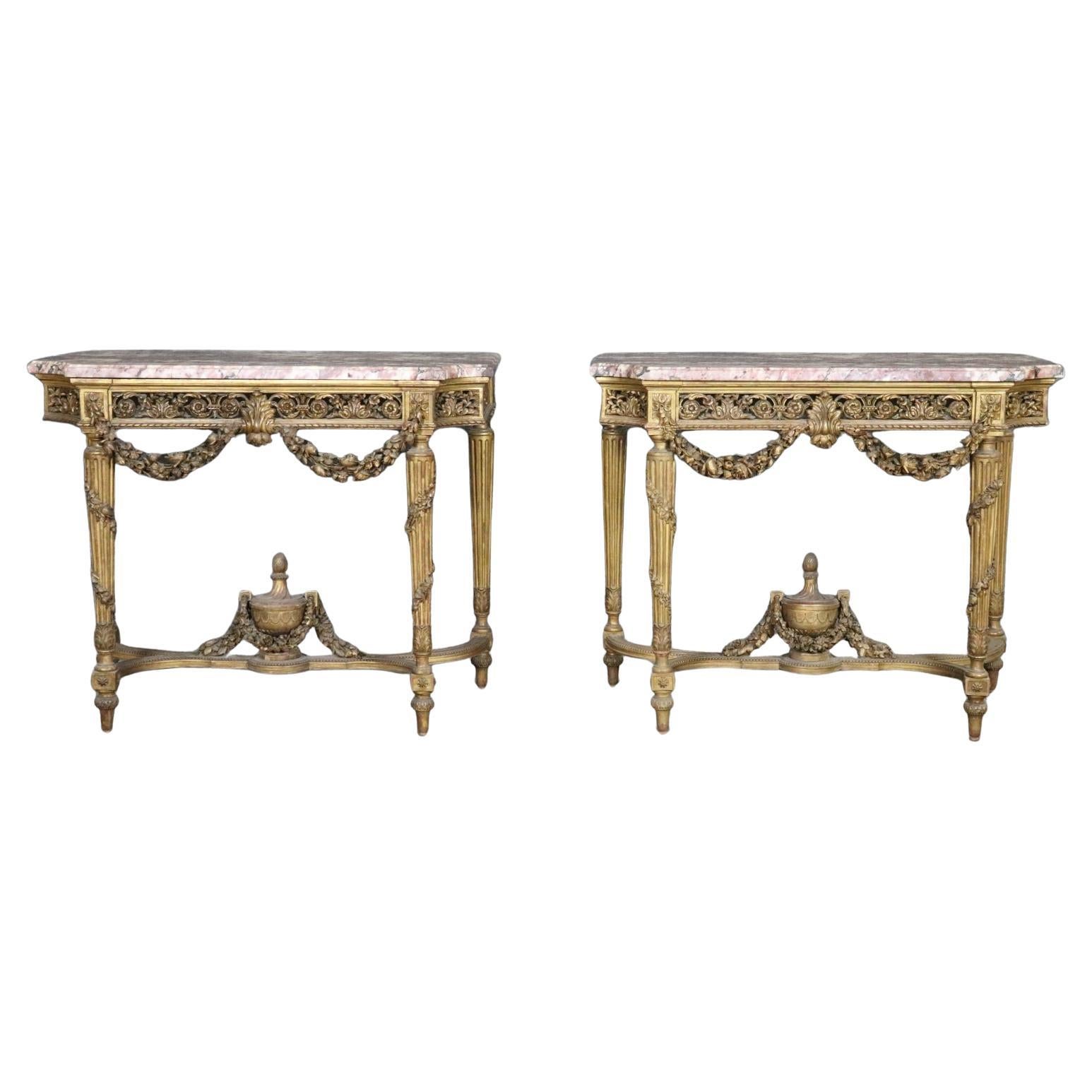 Pair of Fine Quality Marble Top Giltwood Louis XVI Console Tables Circa 1870