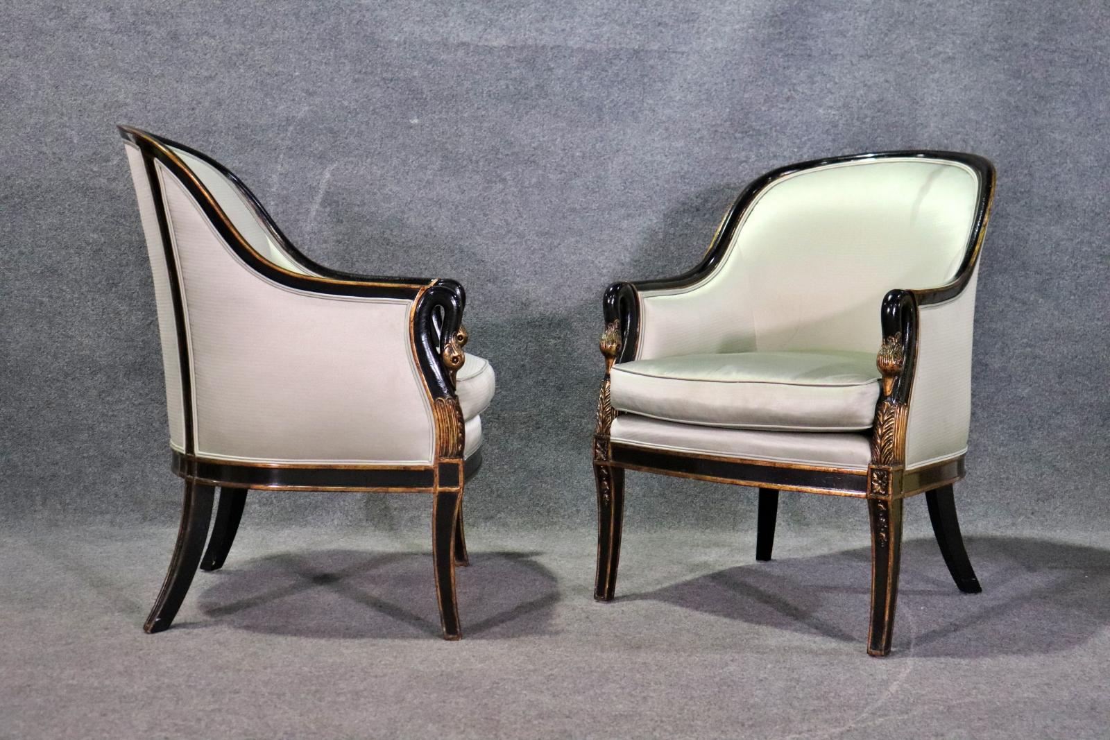 Neoclassical Revival Pair of Fine Quality Swan Carved Neoclassical Bergere Club Chairs  
