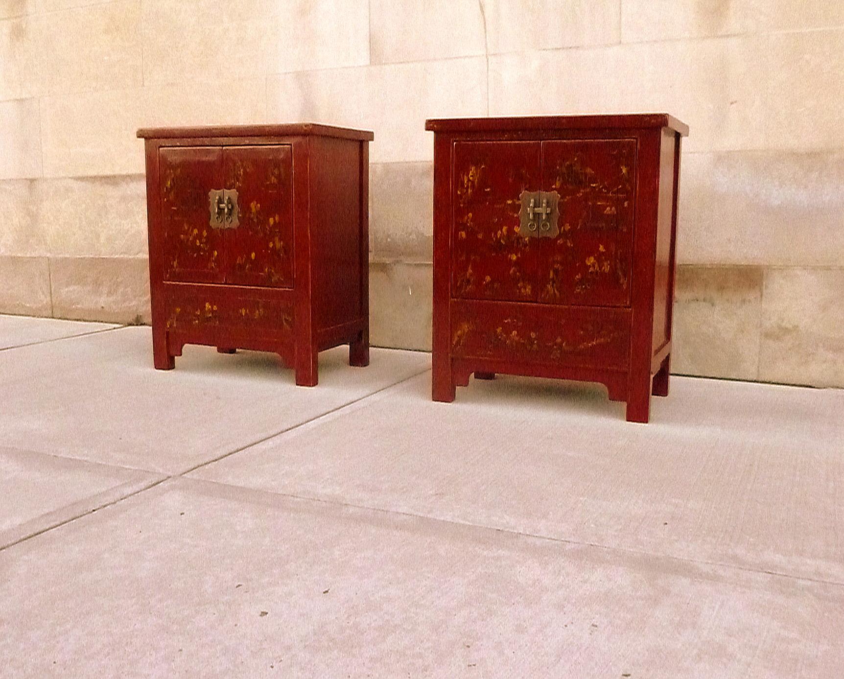Chinese Pair of Fine Red Lacquer Chests with Gilt Motif For Sale