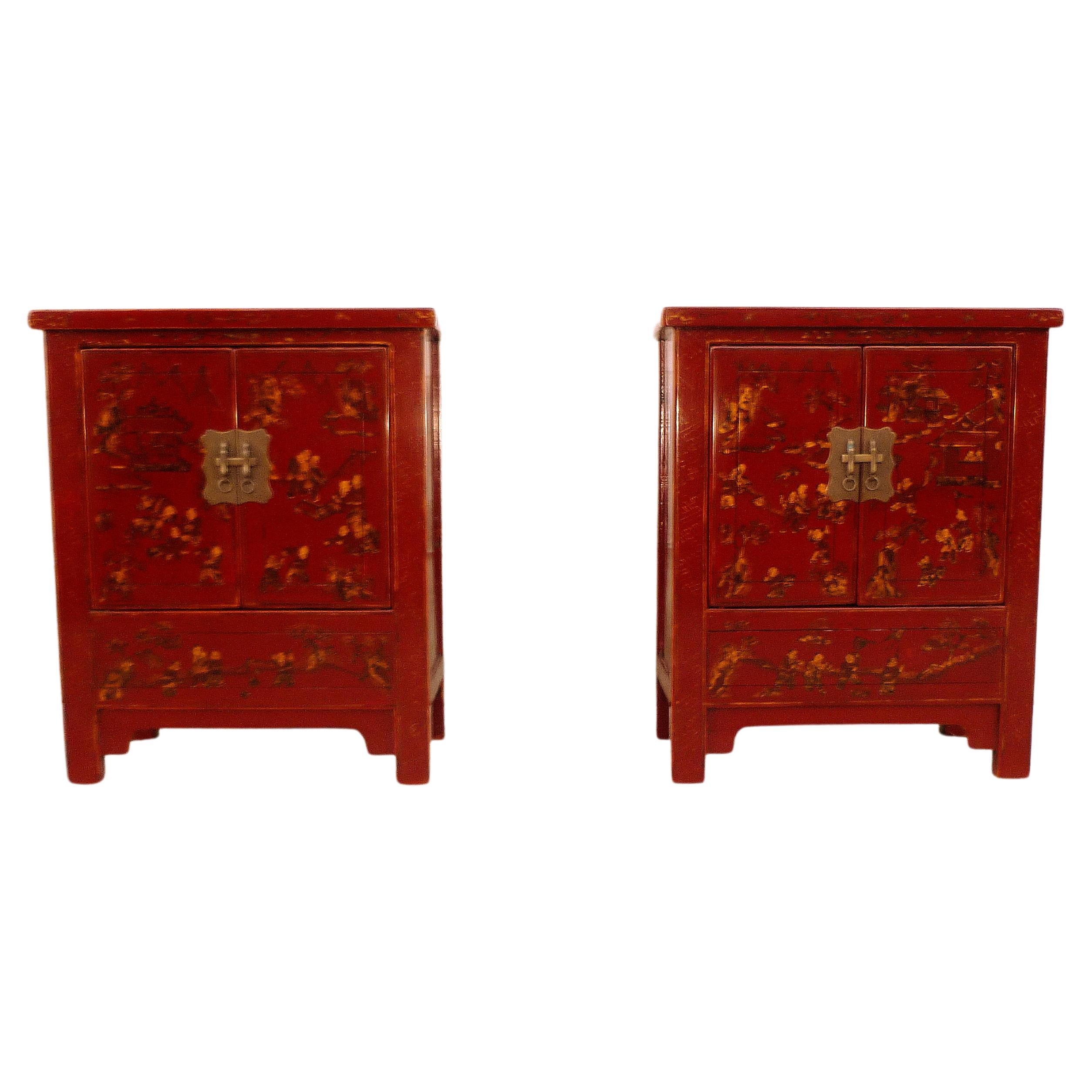 Pair of Fine Red Lacquer Chests with Gilt Motif For Sale
