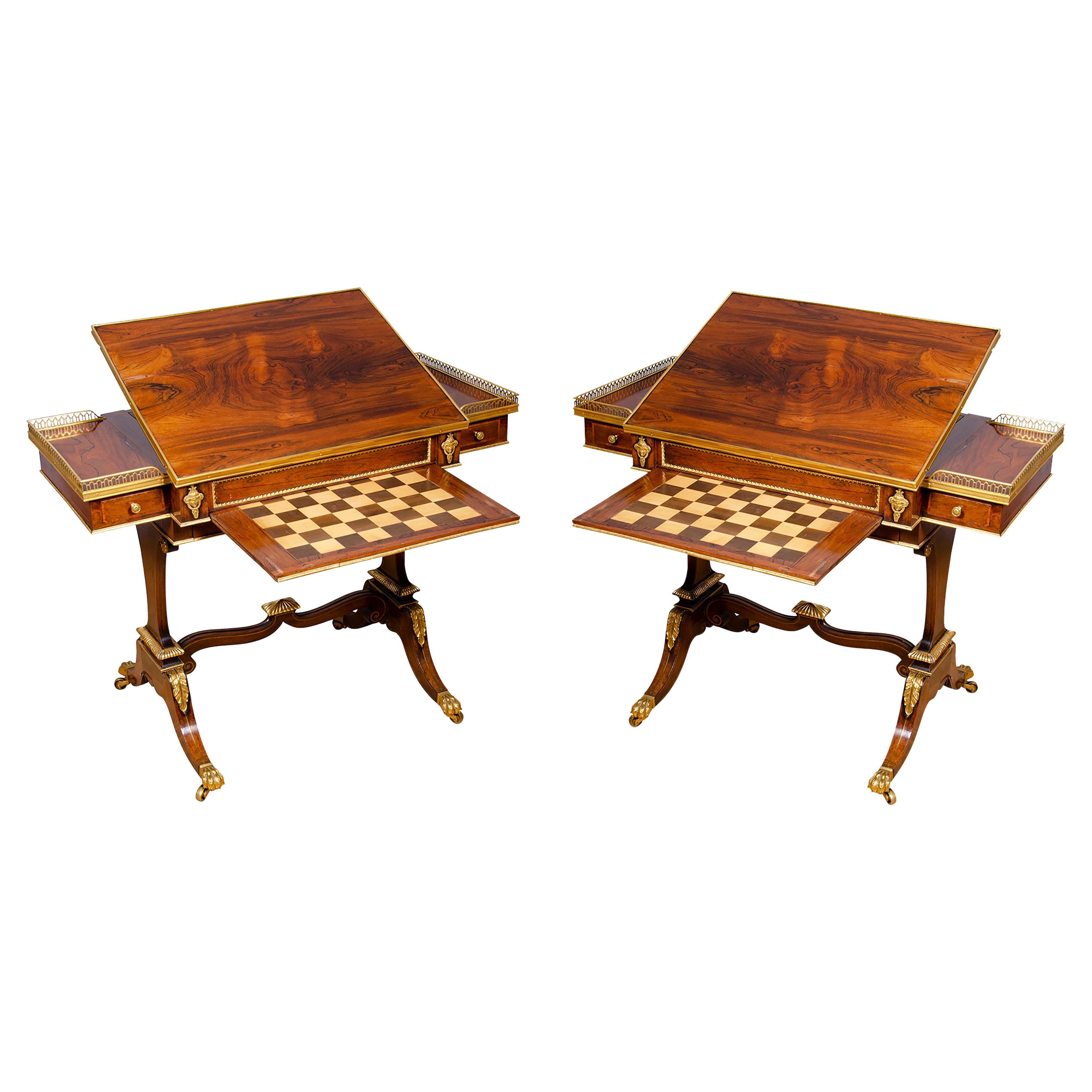 Pair of Fine Regency Rosewood and Bronze Mounted Writing / Games Table For Sale