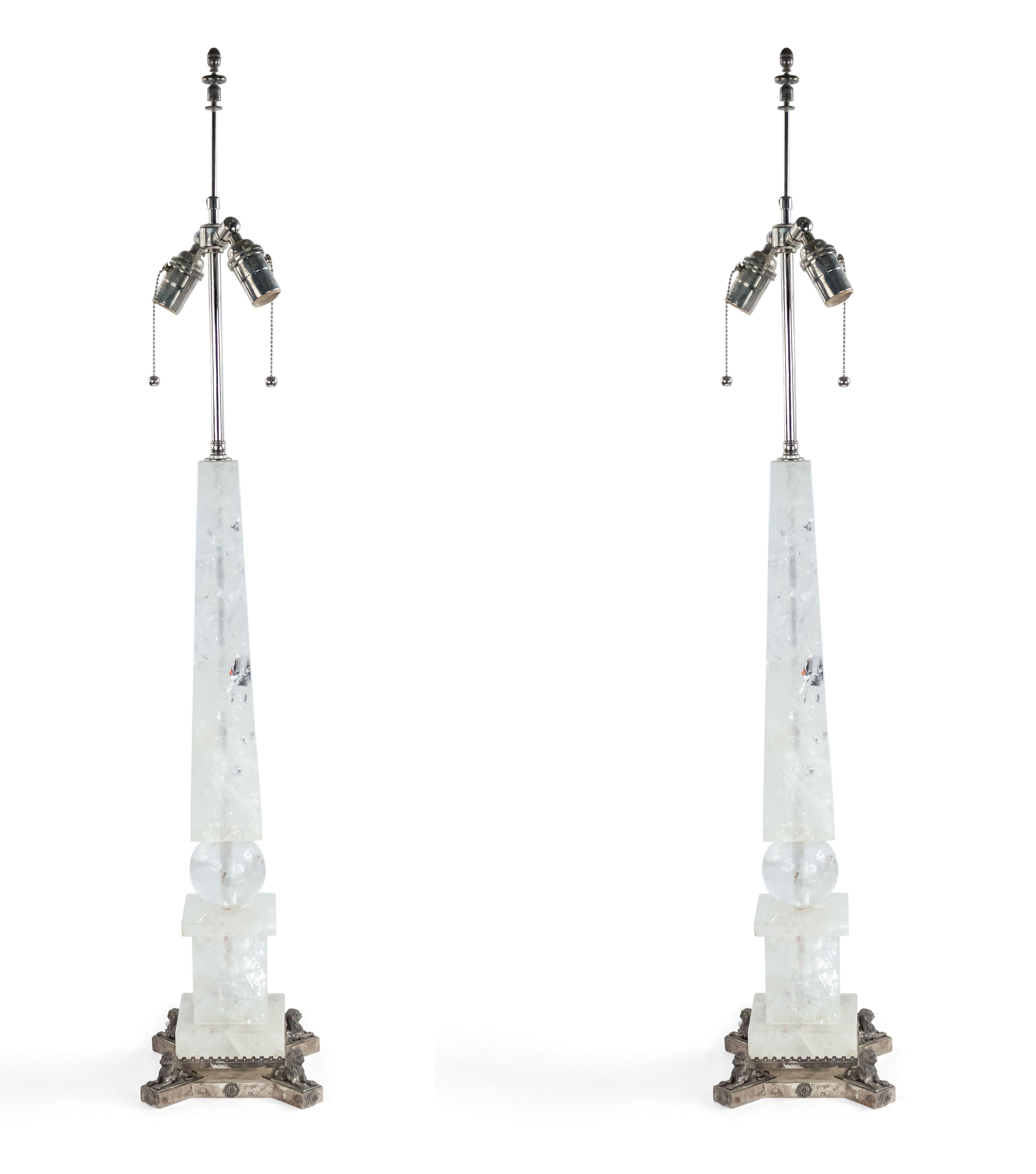 Neoclassical Pair of Baltic Neoclassic Rock Crystal Obelisk Table Lamps