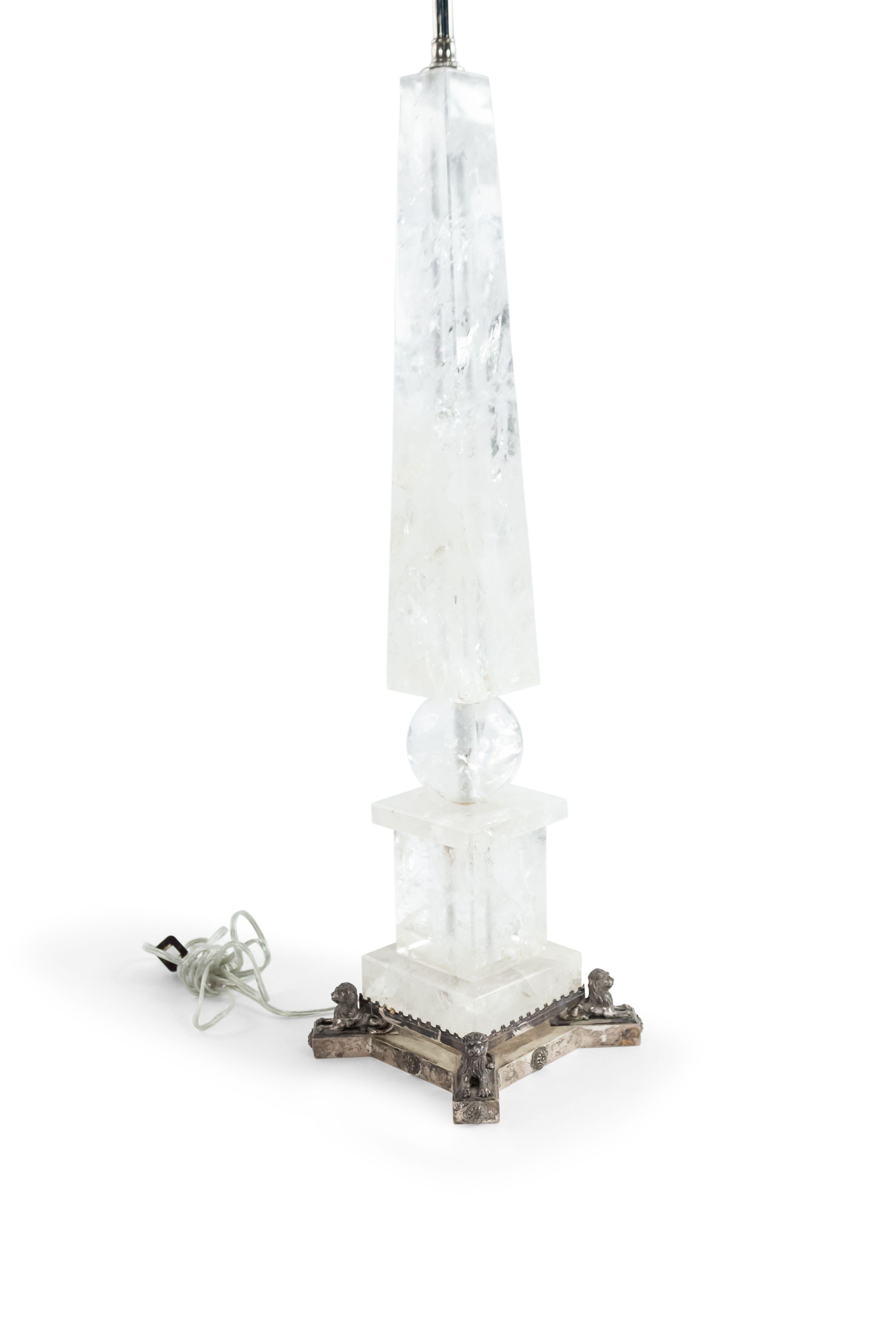 Pair of Baltic Neoclassic Rock Crystal Obelisk Table Lamps In Good Condition In New York, NY