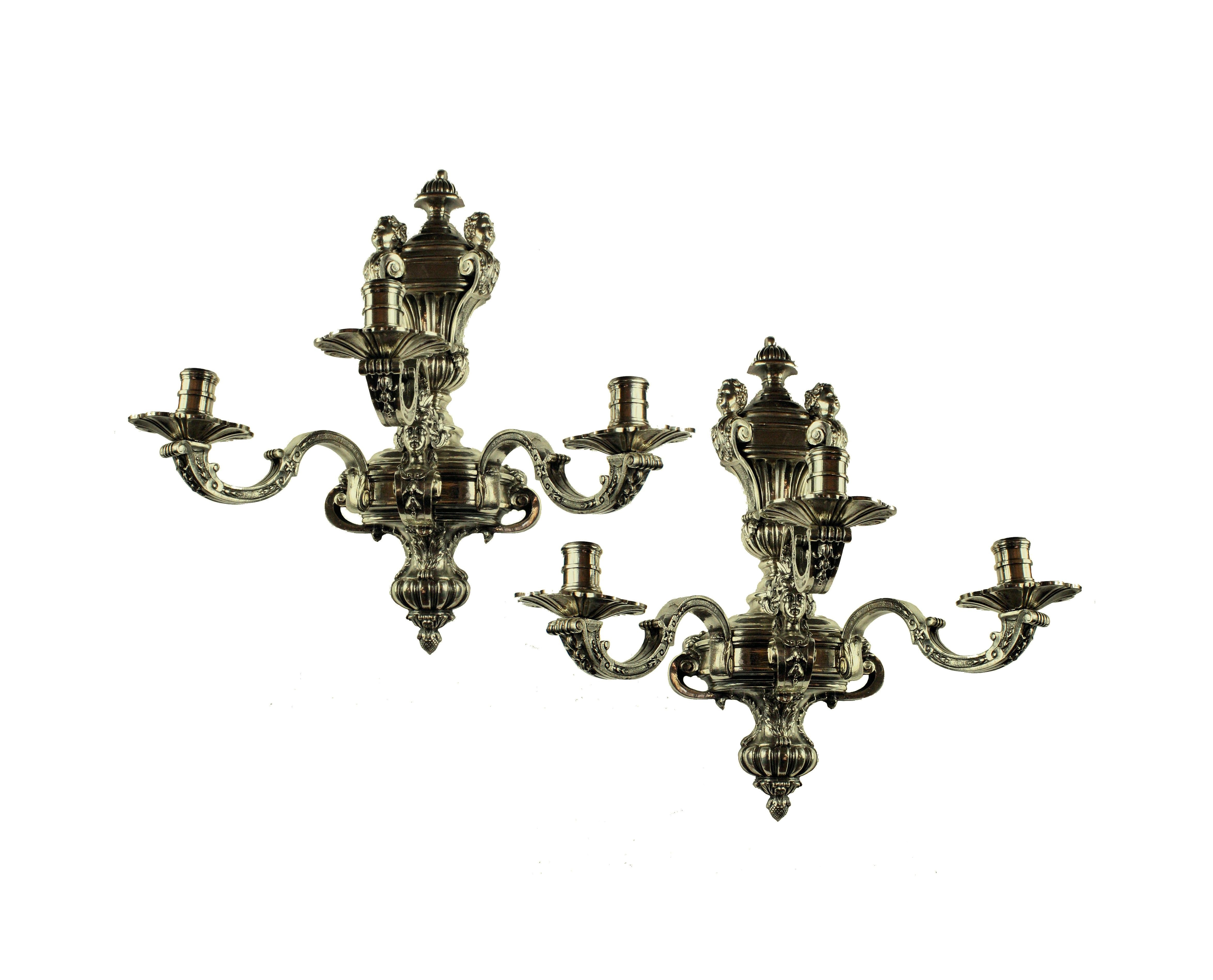 Late 19th Century Pair of Fine Silver Plated Bronze Knole Wall Sconces