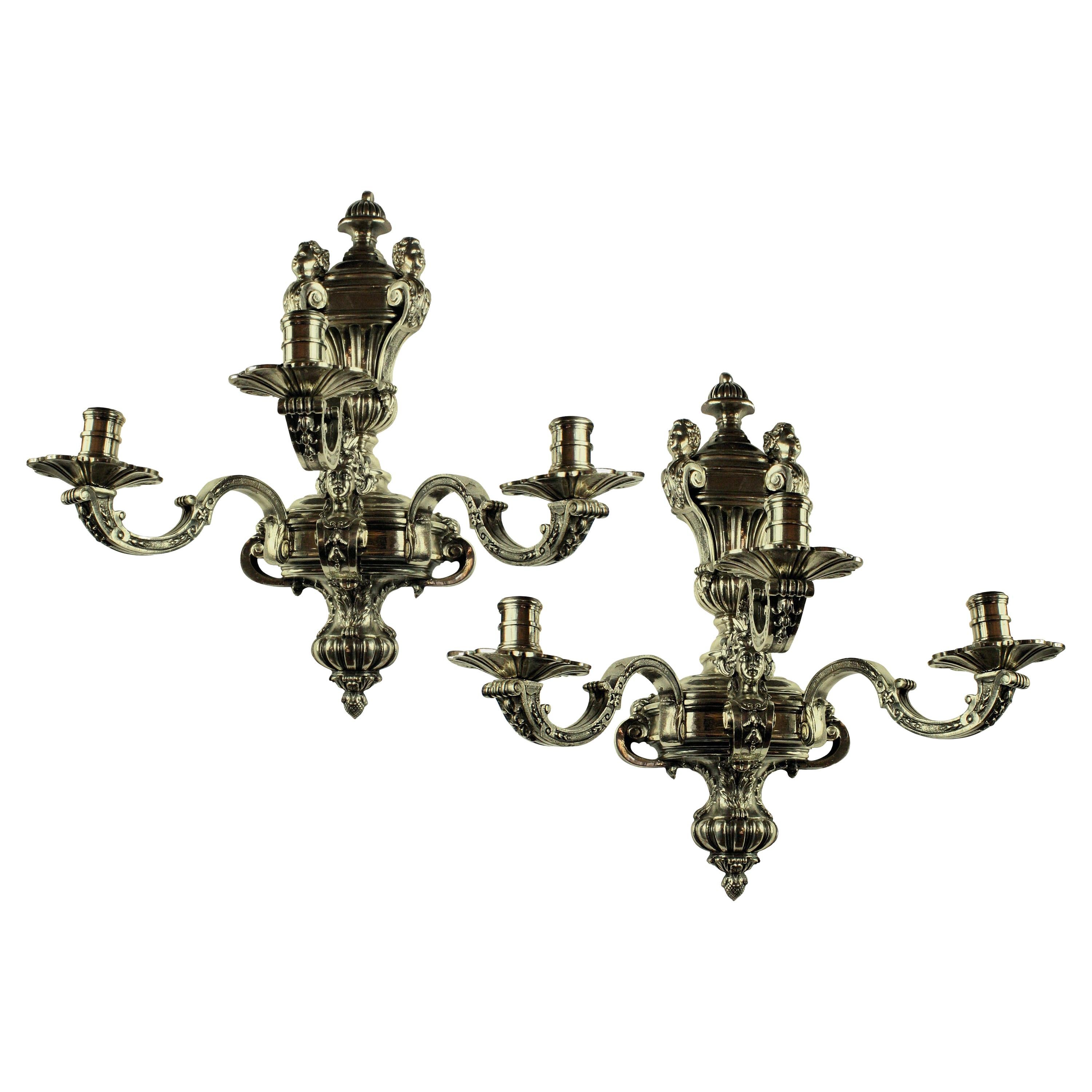 Pair of Fine Silver Plated Bronze Knole Wall Sconces