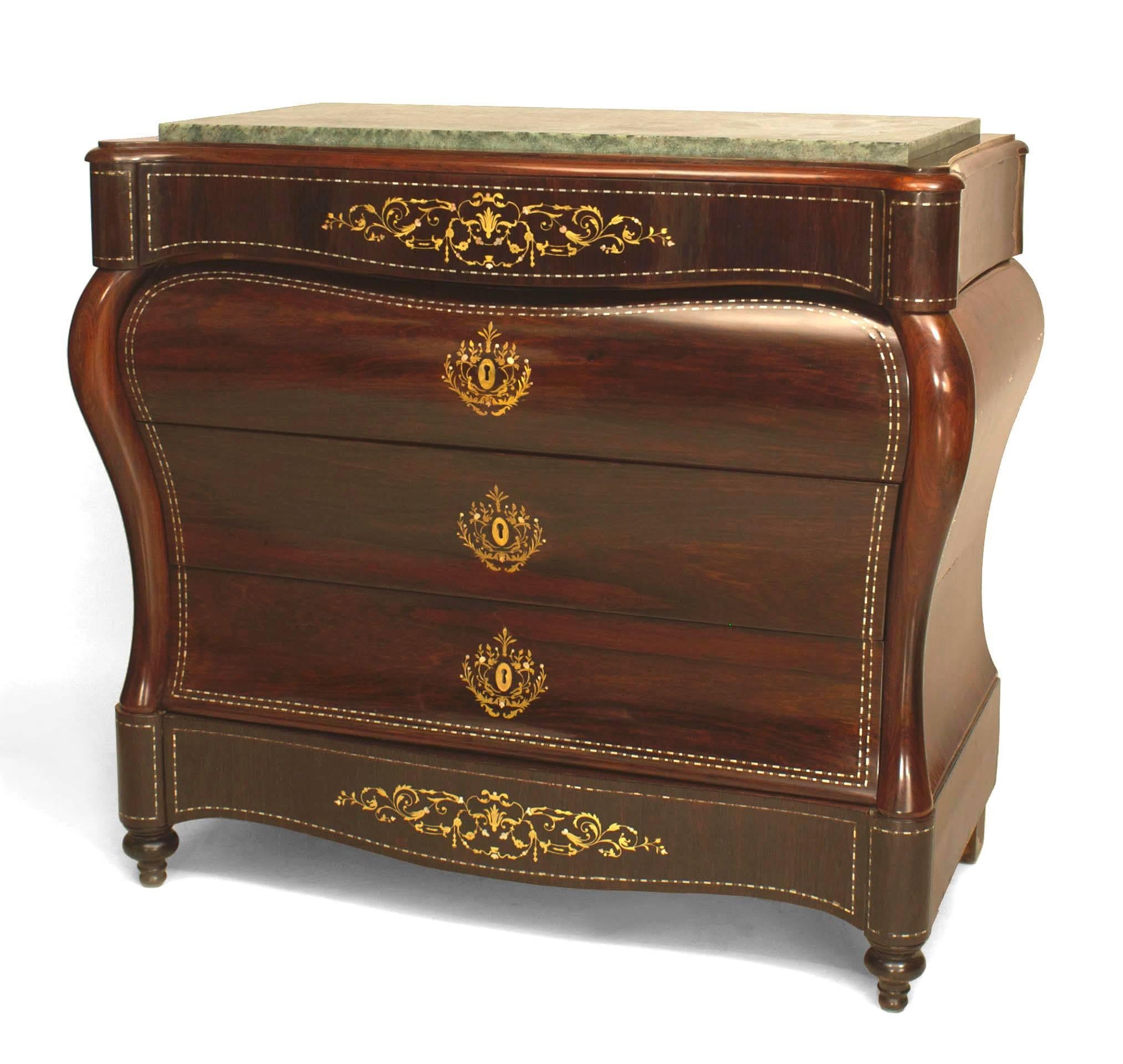 Pair of Continental (circa 1850s) Spanish rosewood 5 drawer bombe shaped commodes with mother of pearl, pewter, and brass inlay with marble tops (PRICED AS Pair).
