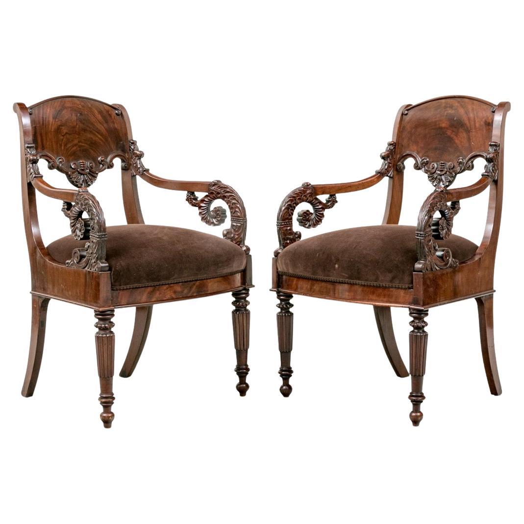 Pair Of Fine Victorian Heavily Carved Arm Chairs