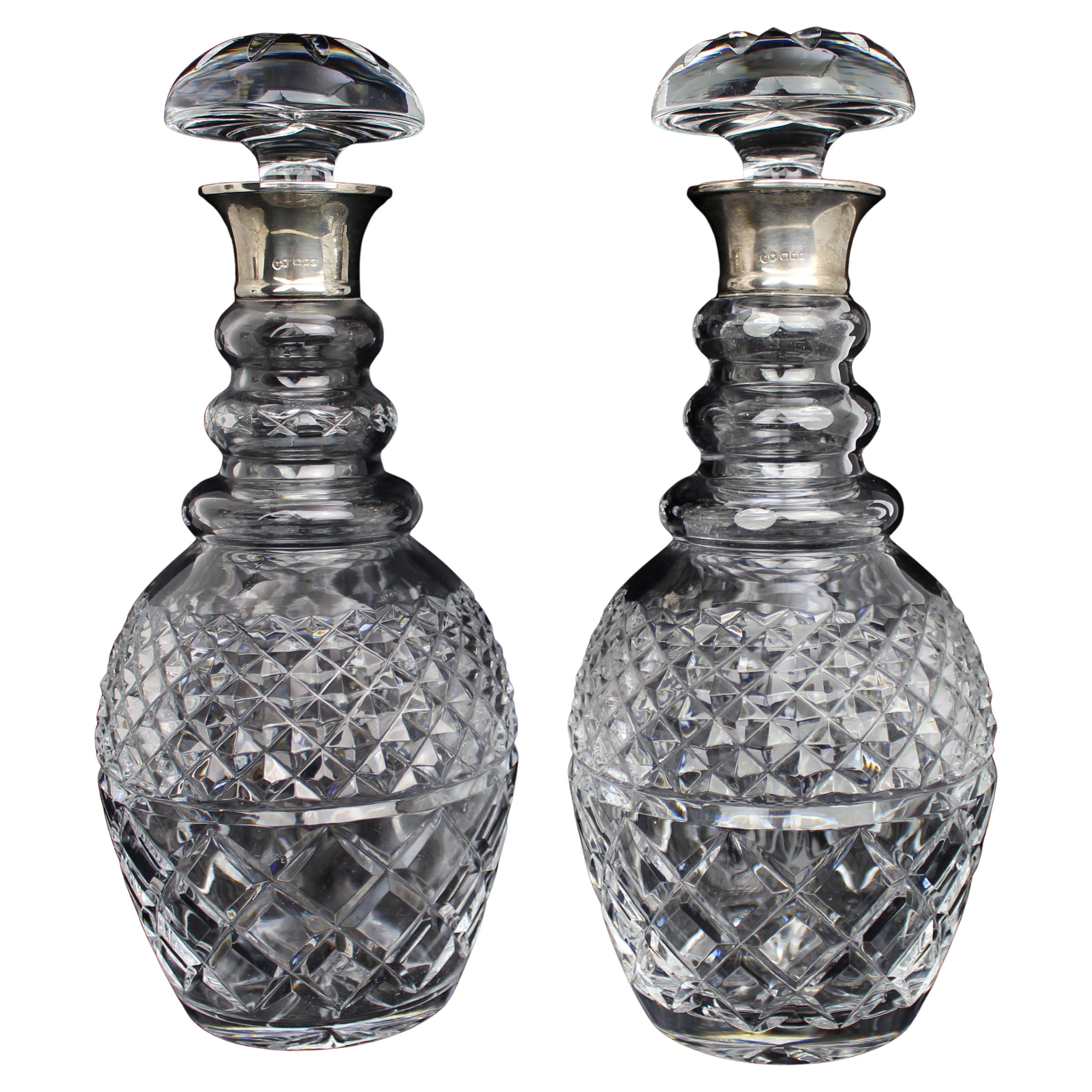 Pair of Fine Vintage Silver Collared Cut Glass Decanters