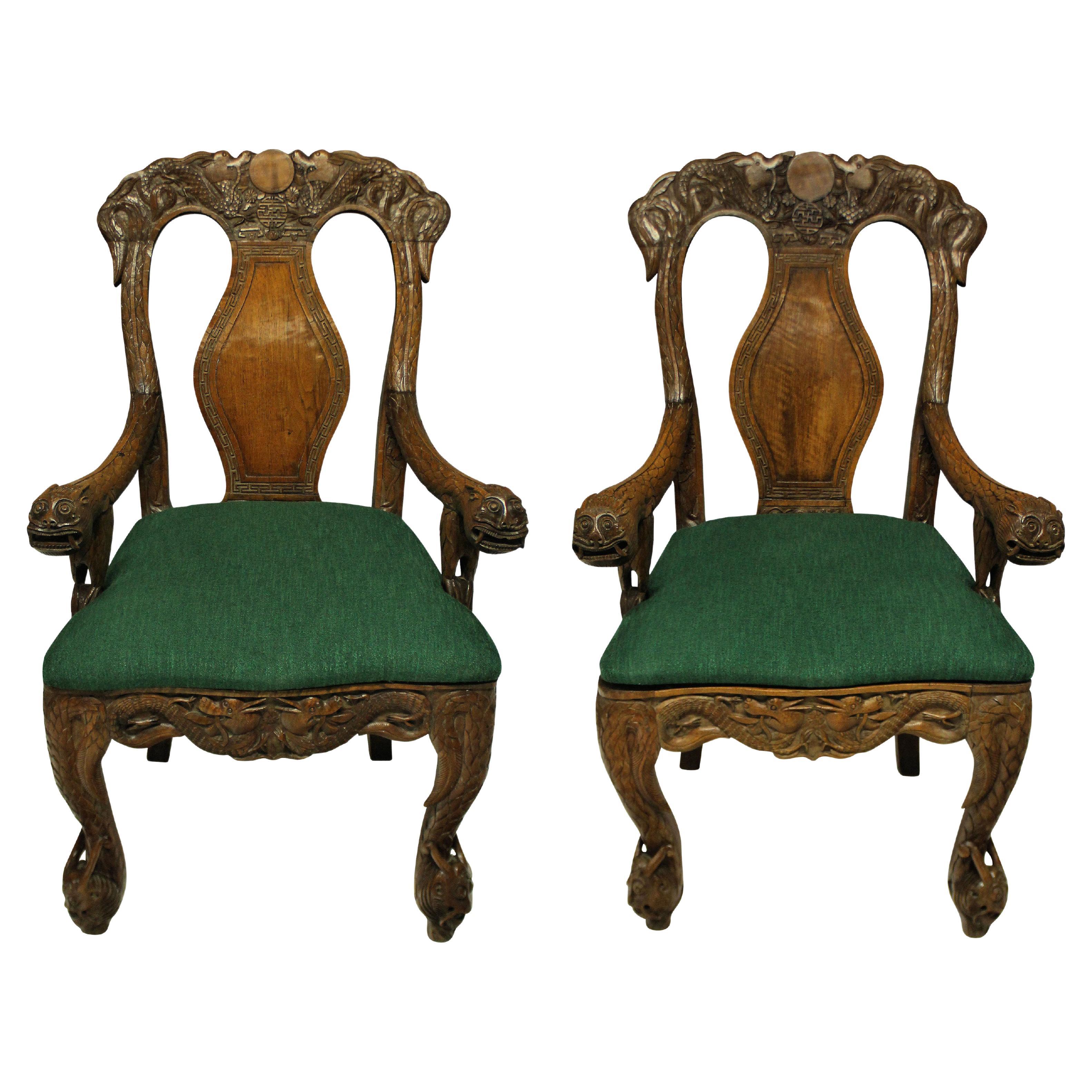 Pair of Finely Carved 19th Century Chinese Armchairs For Sale