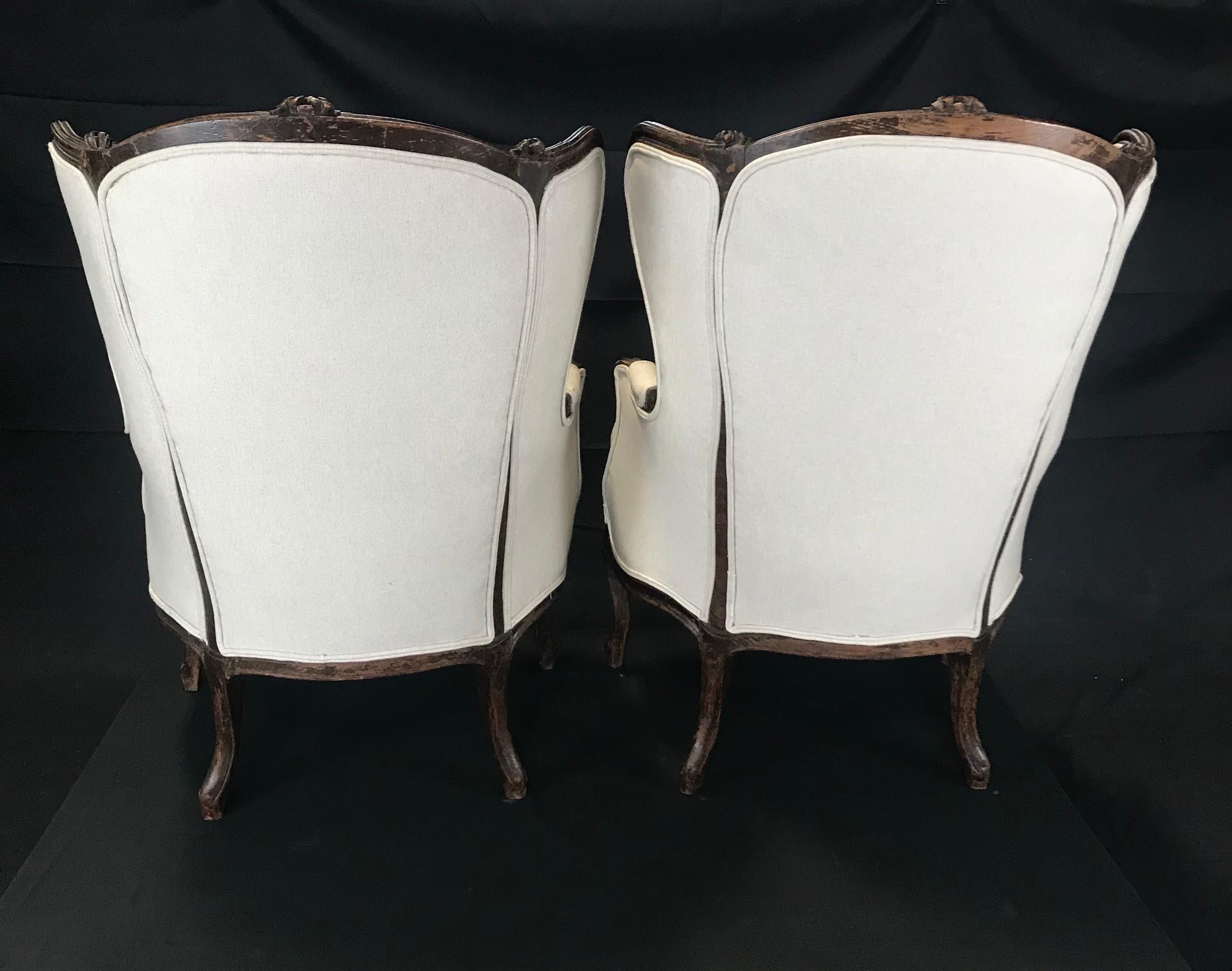 Pair of Finely Carved 19th Century French Louis XV Wing Armchairs 2