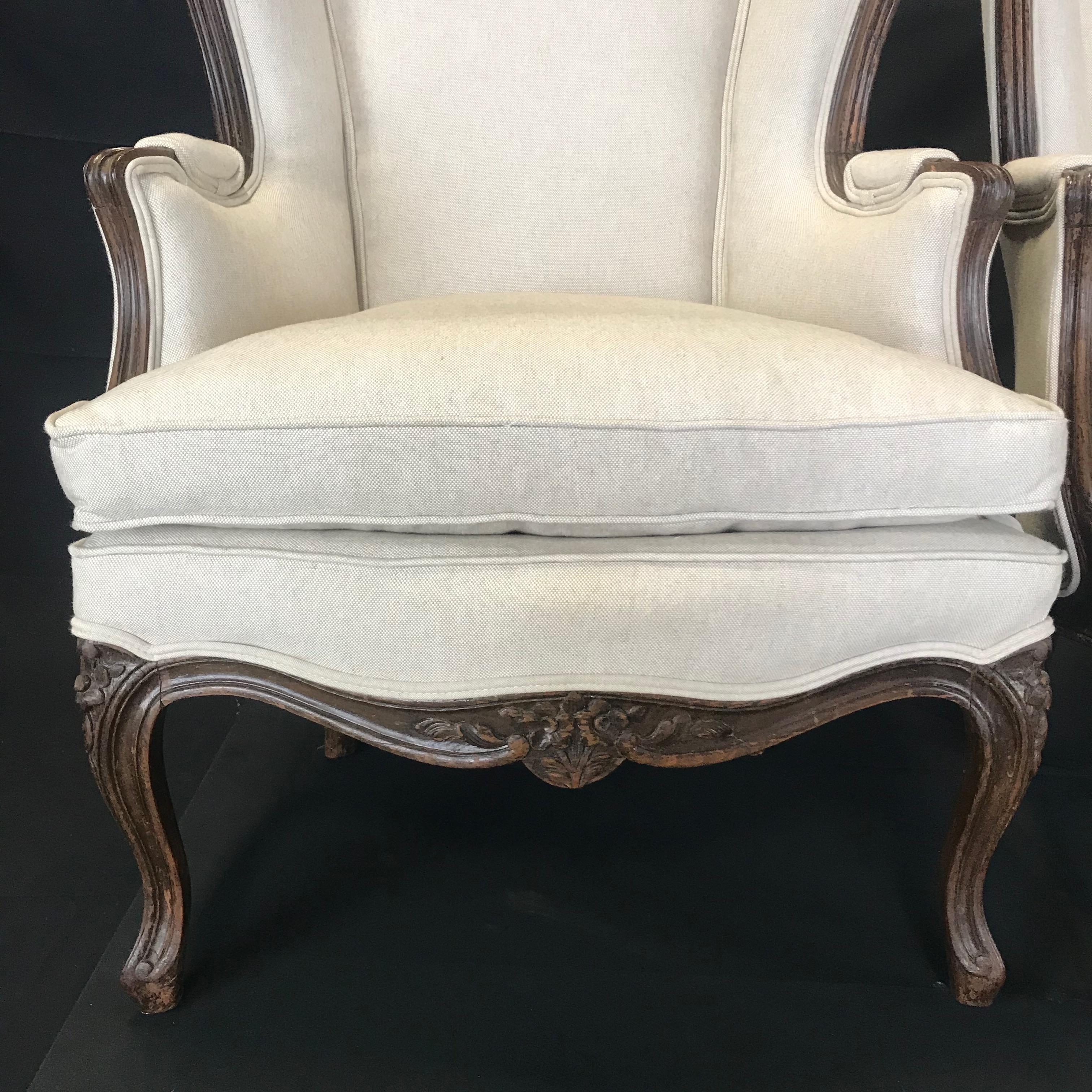 Pair of Finely Carved 19th Century French Louis XV Wing Armchairs 3