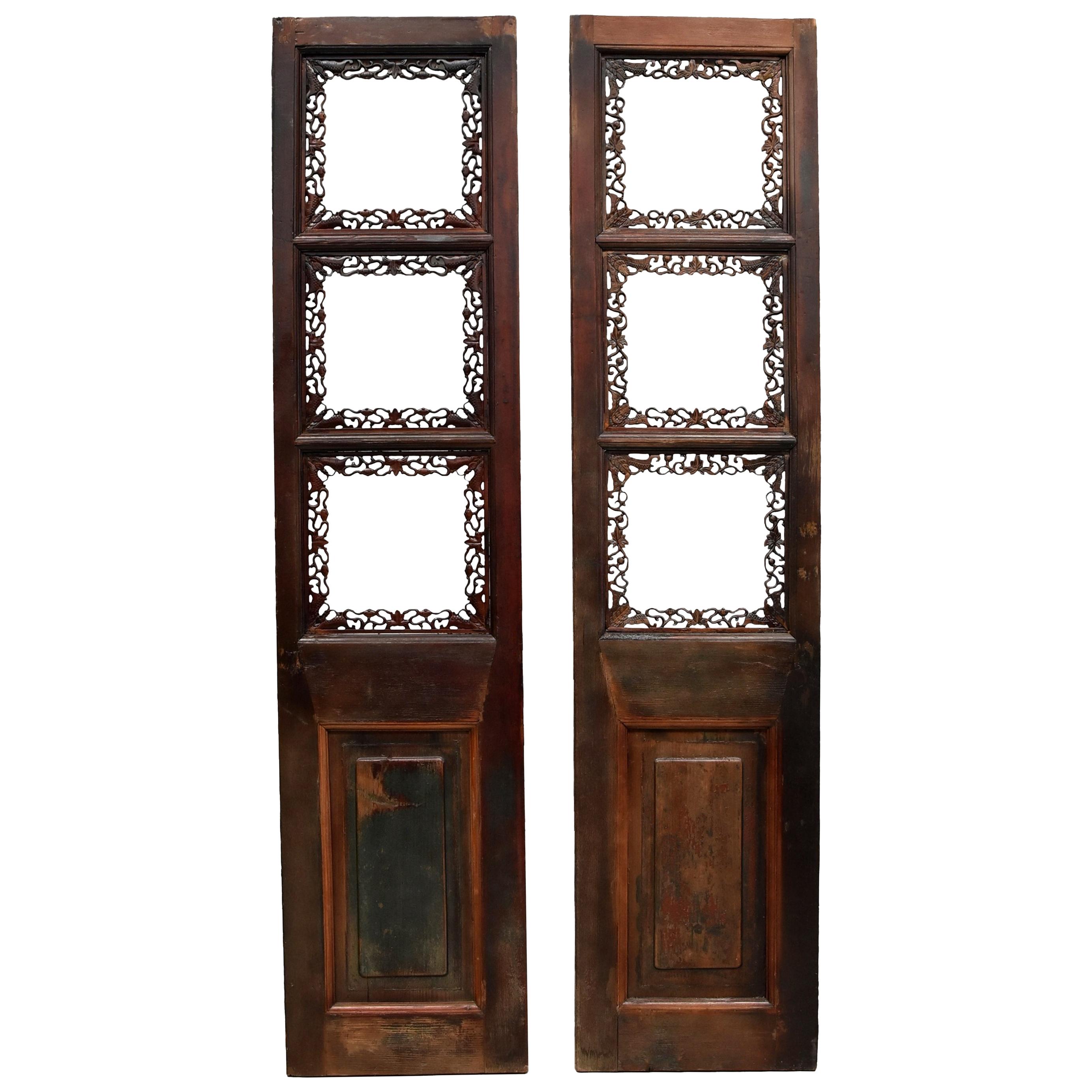 Pair of Finely Carved Chinese Antique Screens, Gourds and Butterflies