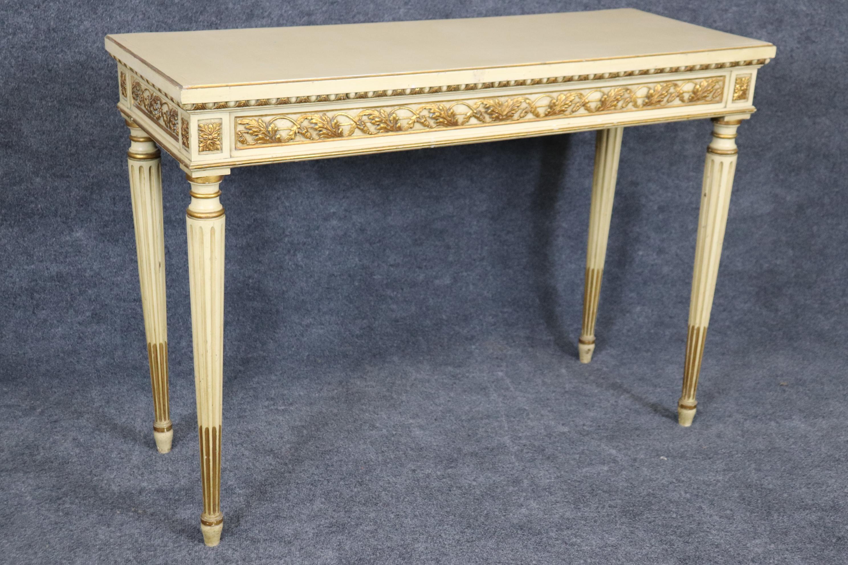Pair of Finely Carved Creme Painted Gilded French Louis XVI Style Console Tables For Sale 5