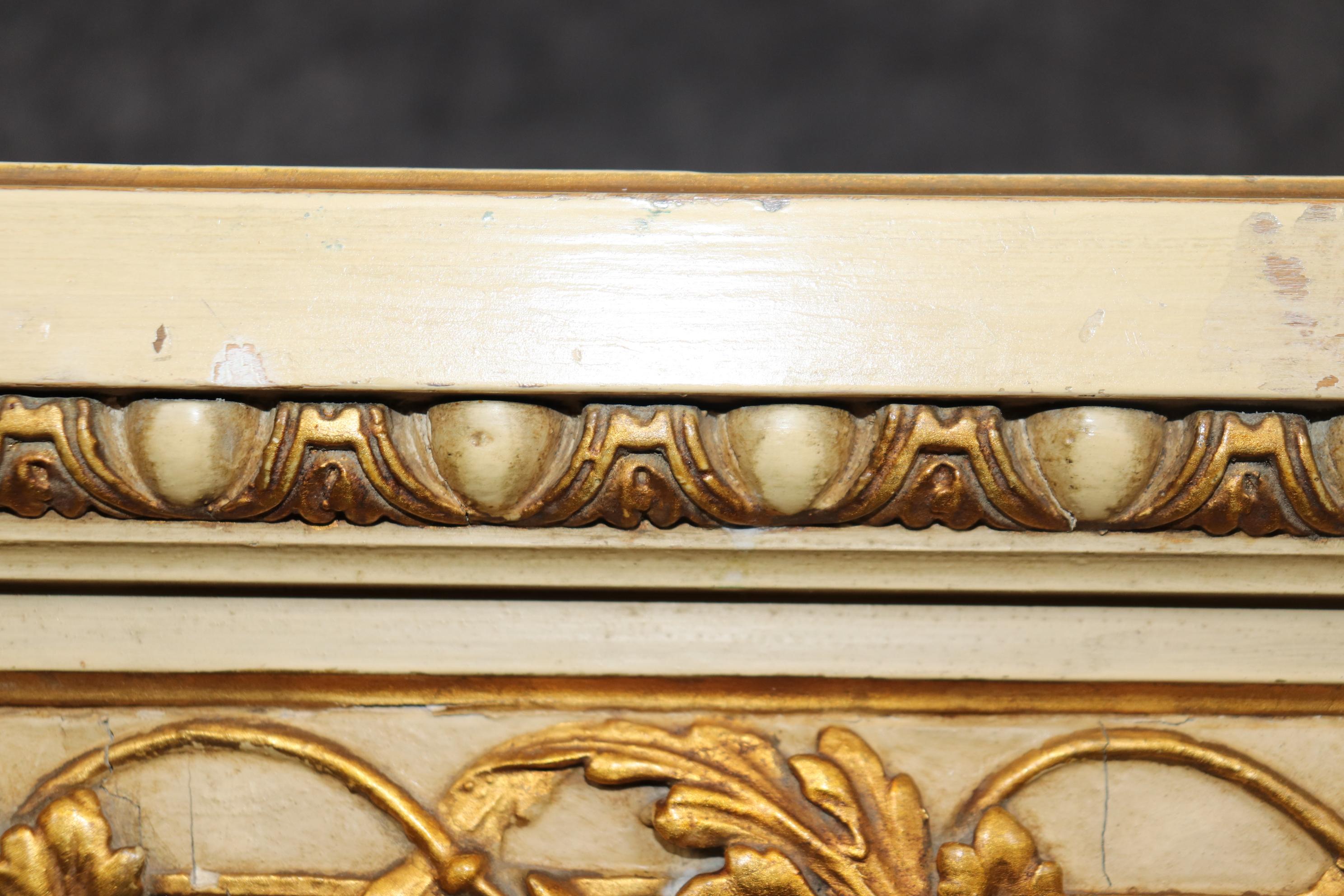 Pair of Finely Carved Creme Painted Gilded French Louis XVI Style Console Tables For Sale 7