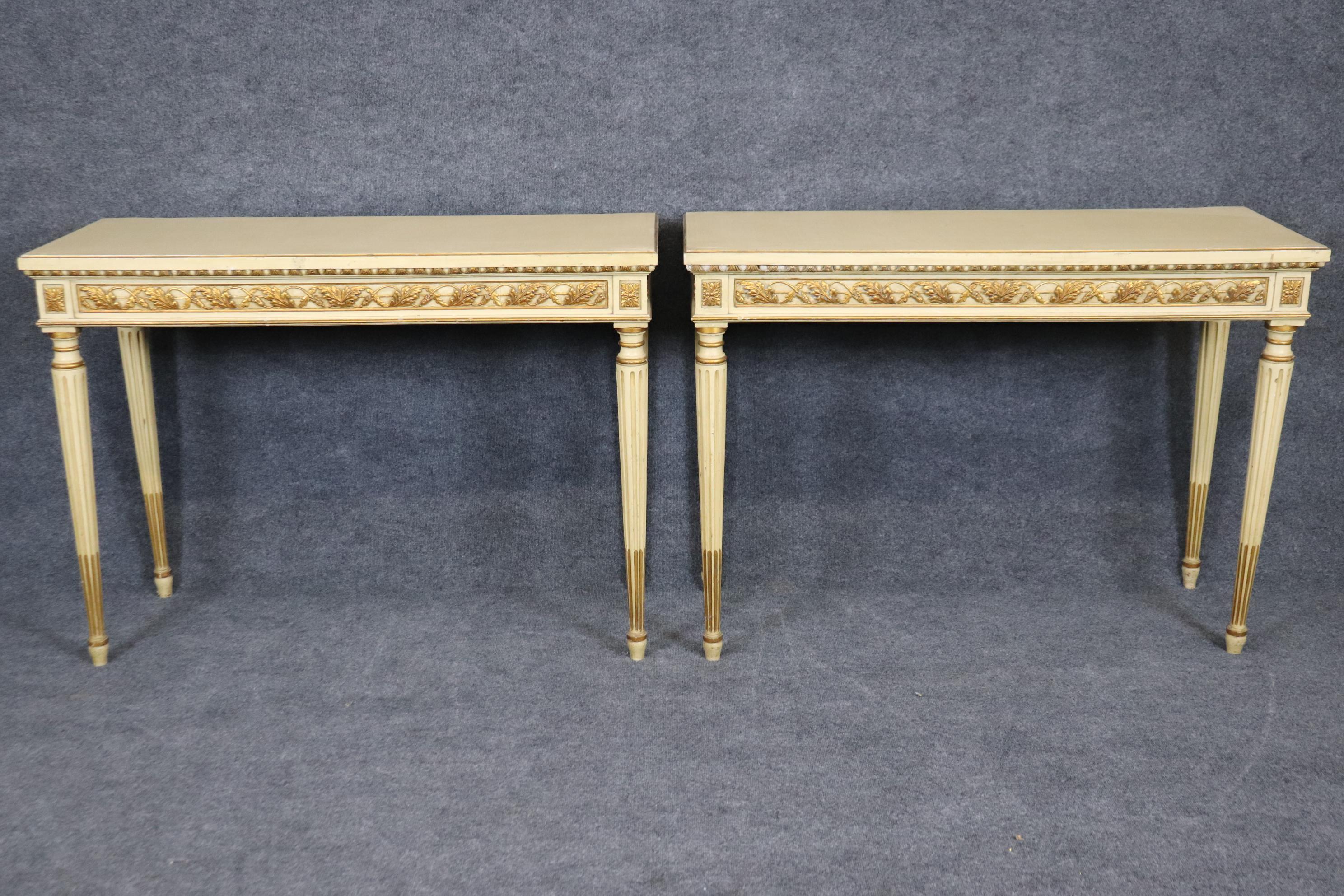 Walnut Pair of Finely Carved Creme Painted Gilded French Louis XVI Style Console Tables For Sale