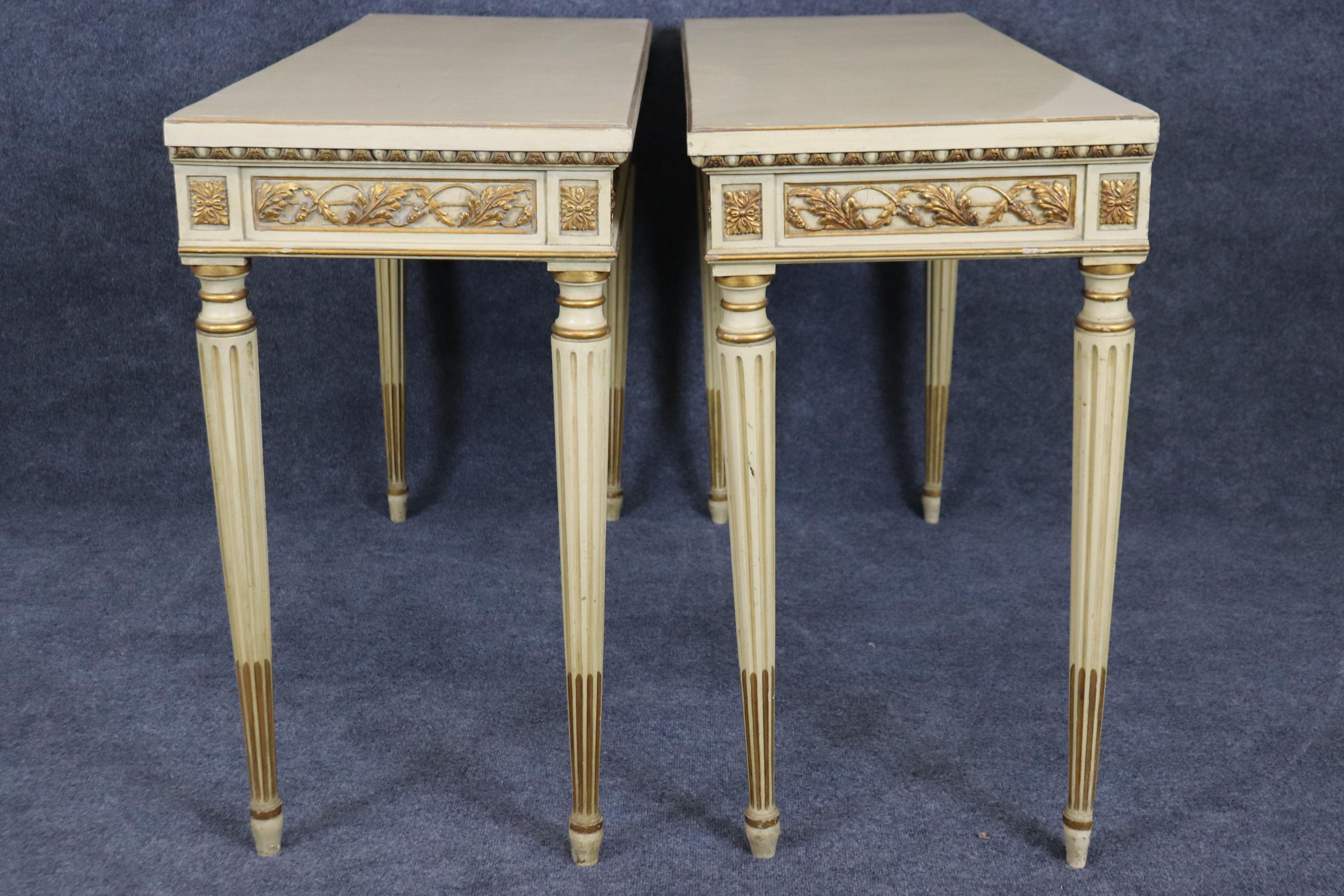 Pair of Finely Carved Creme Painted Gilded French Louis XVI Style Console Tables For Sale 2