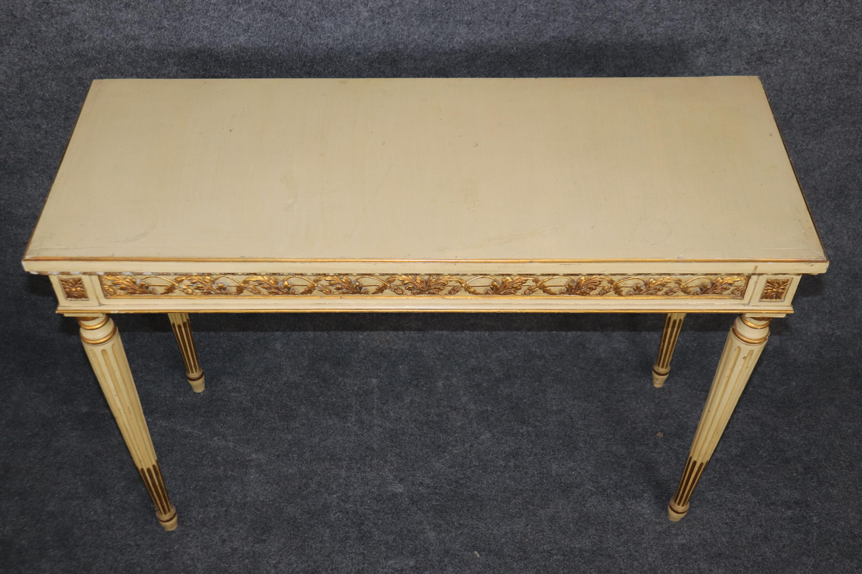 Pair of Finely Carved Creme Painted Gilded French Louis XVI Style Console Tables For Sale 3