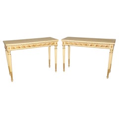 Pair of Finely Carved Creme Painted Gilded French Louis XVI Style Console Tables