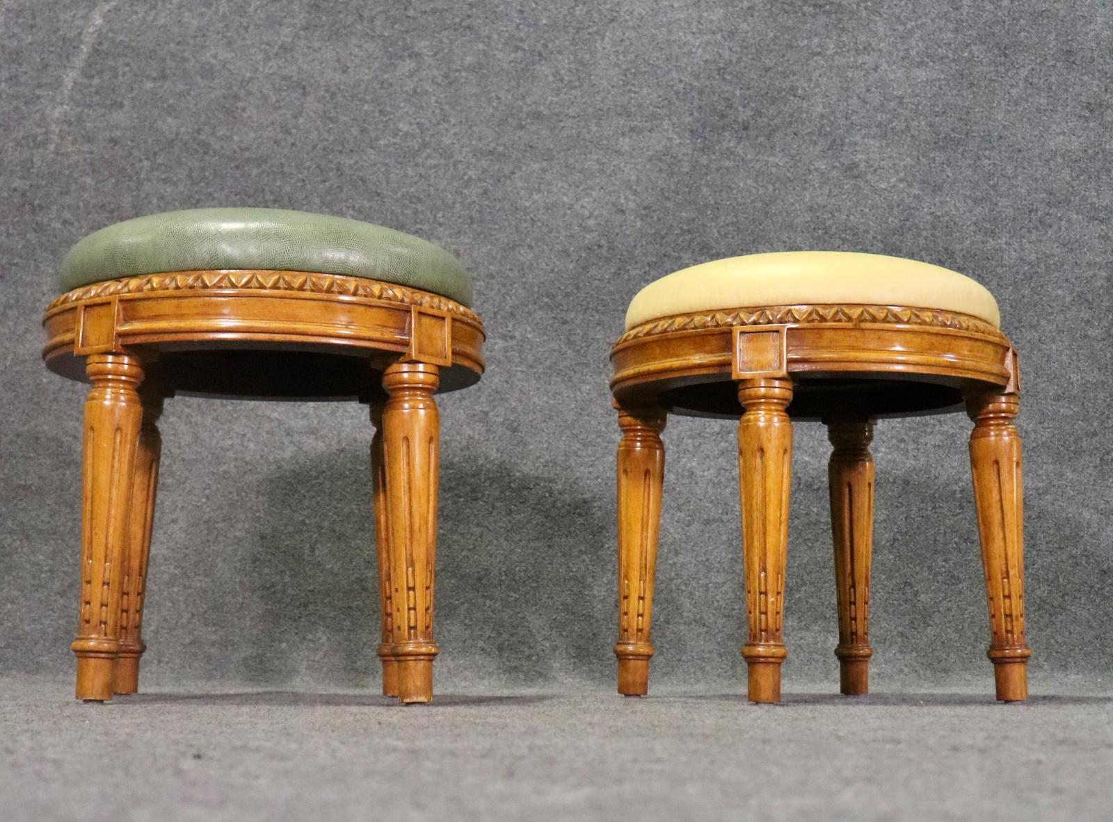 Late 20th Century Pair of Finely Carved French Louis XVI Style Leather Upholstered Foot Stools 