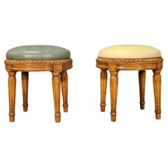 Pair of Finely Carved French Louis XVI Style Leather Upholstered Foot Stools 