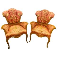 Pair of Finely Carved Grosfeld House Sweetheart Chairs, Mid-Century Modern