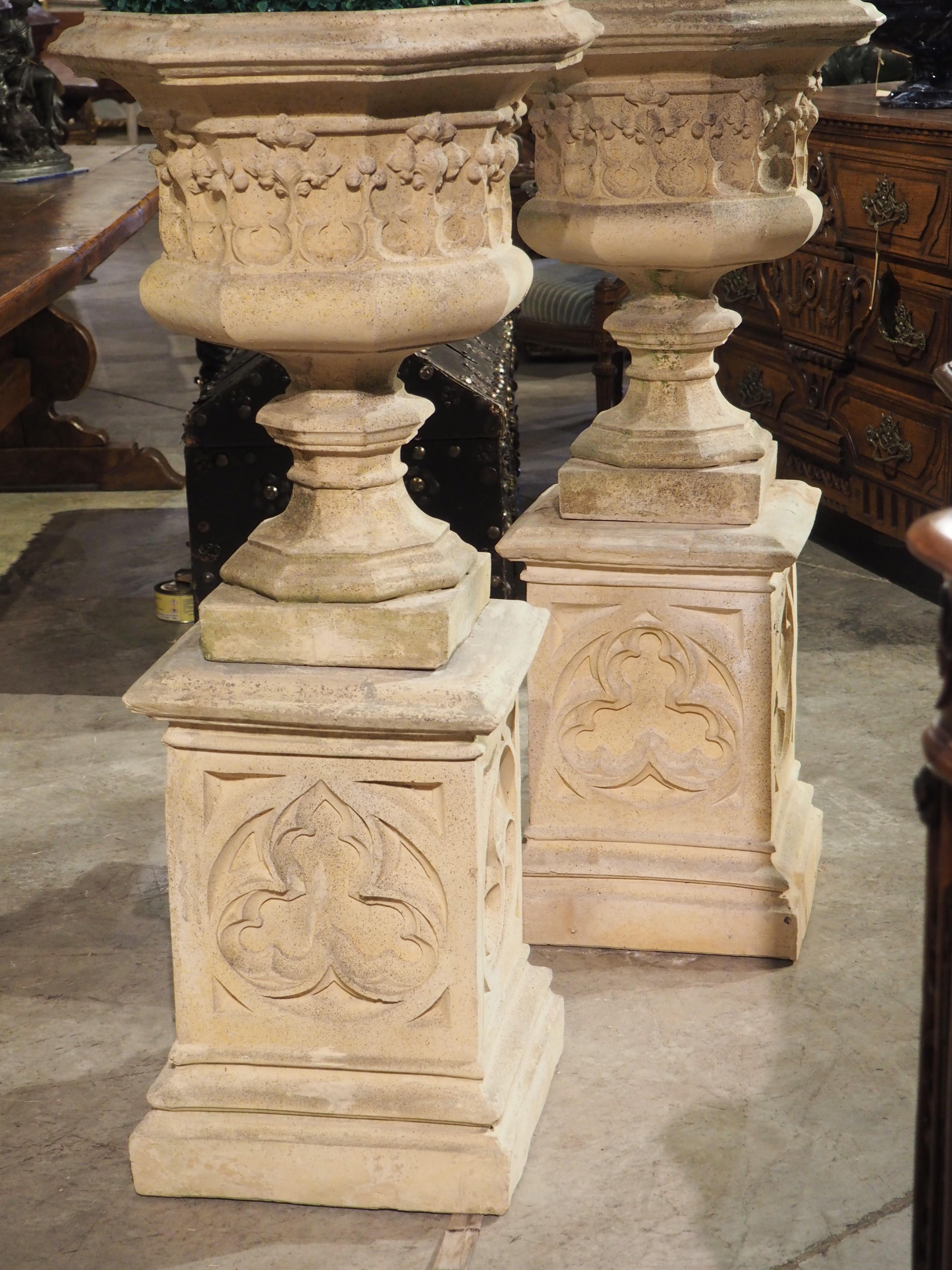 Pair of Finely Cast French Gothic Vases on Matching Pedestals 10