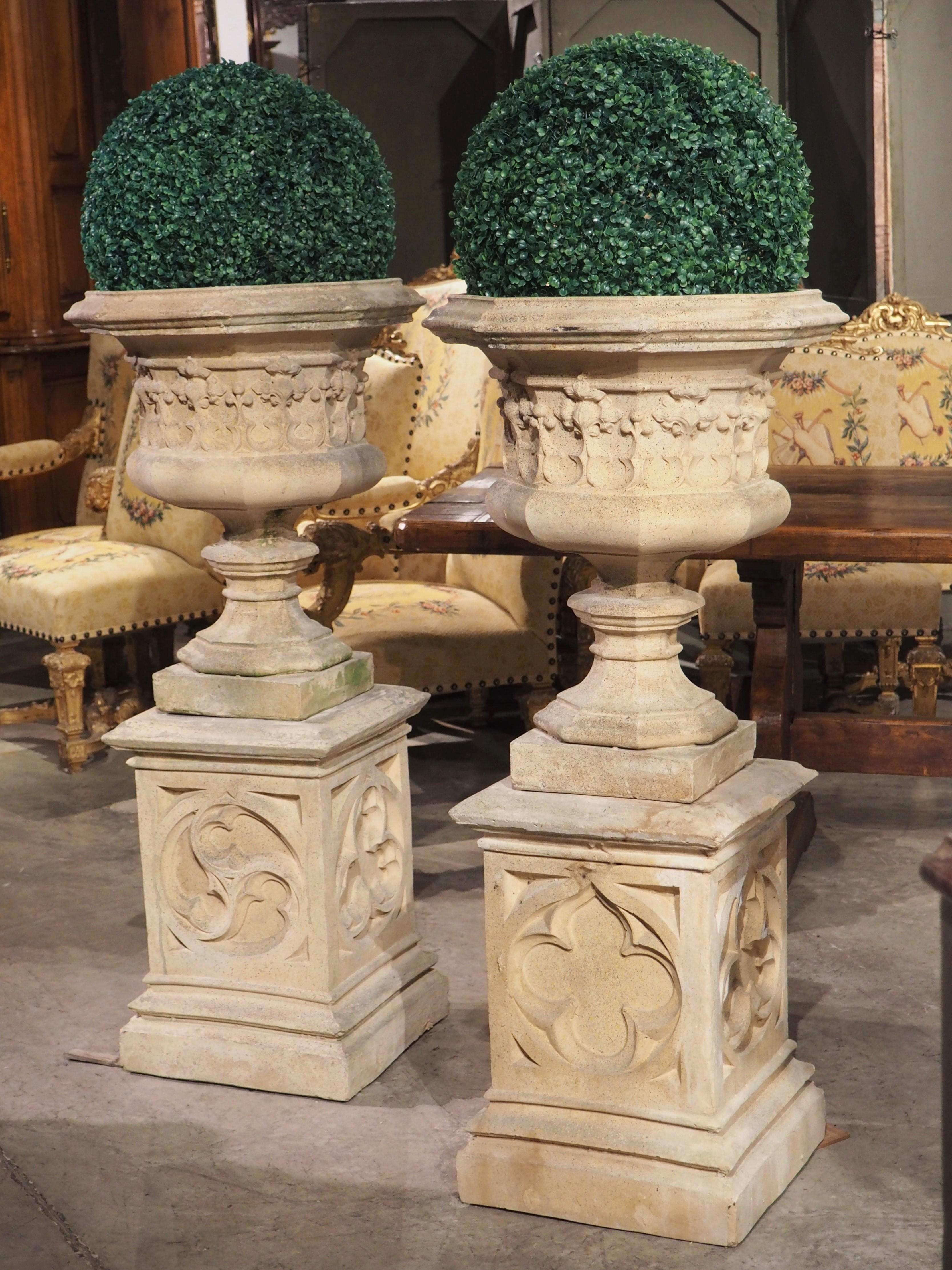 Pair of Finely Cast French Gothic Vases on Matching Pedestals 15