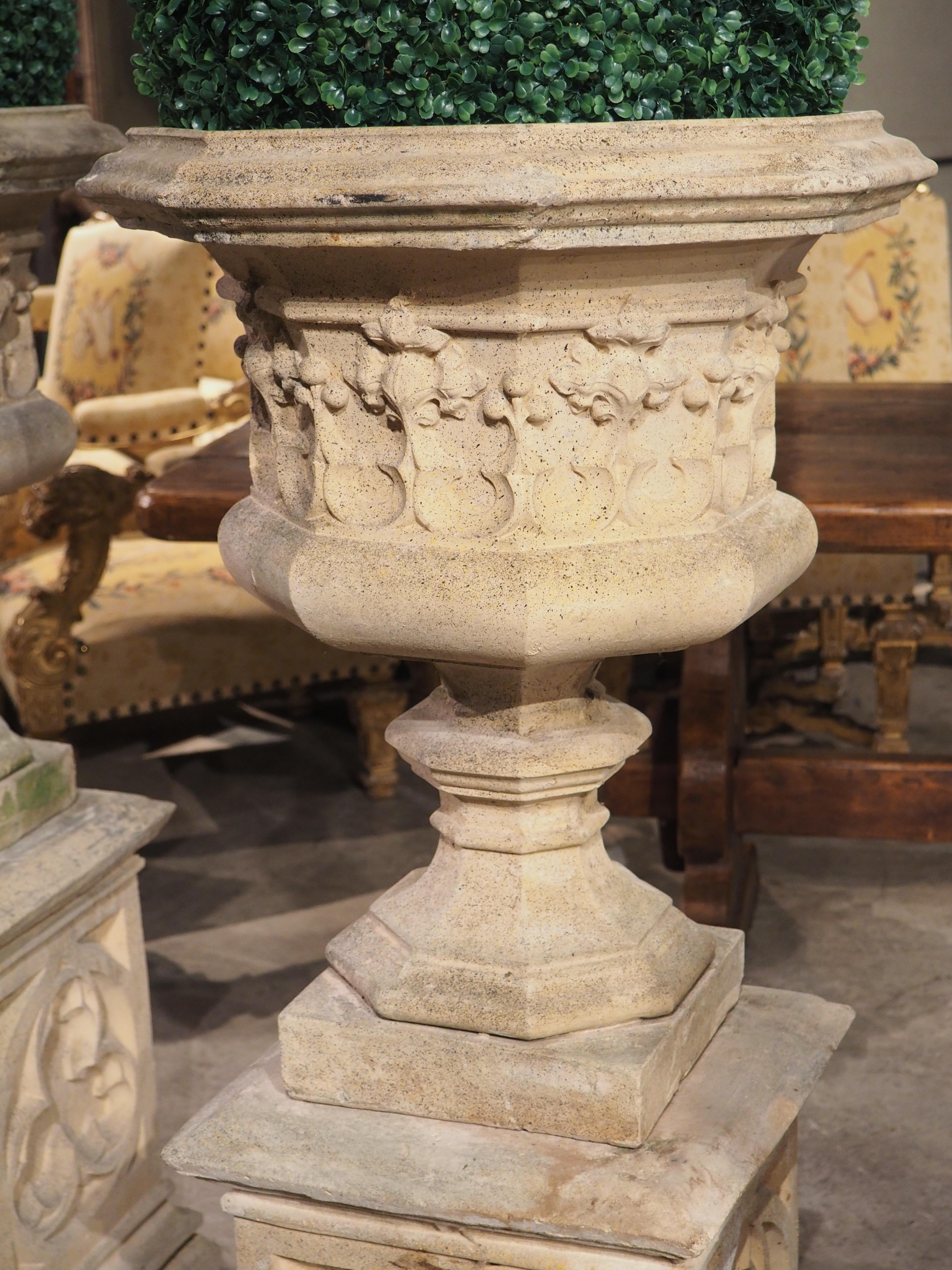 Pair of Finely Cast French Gothic Vases on Matching Pedestals In Good Condition In Dallas, TX