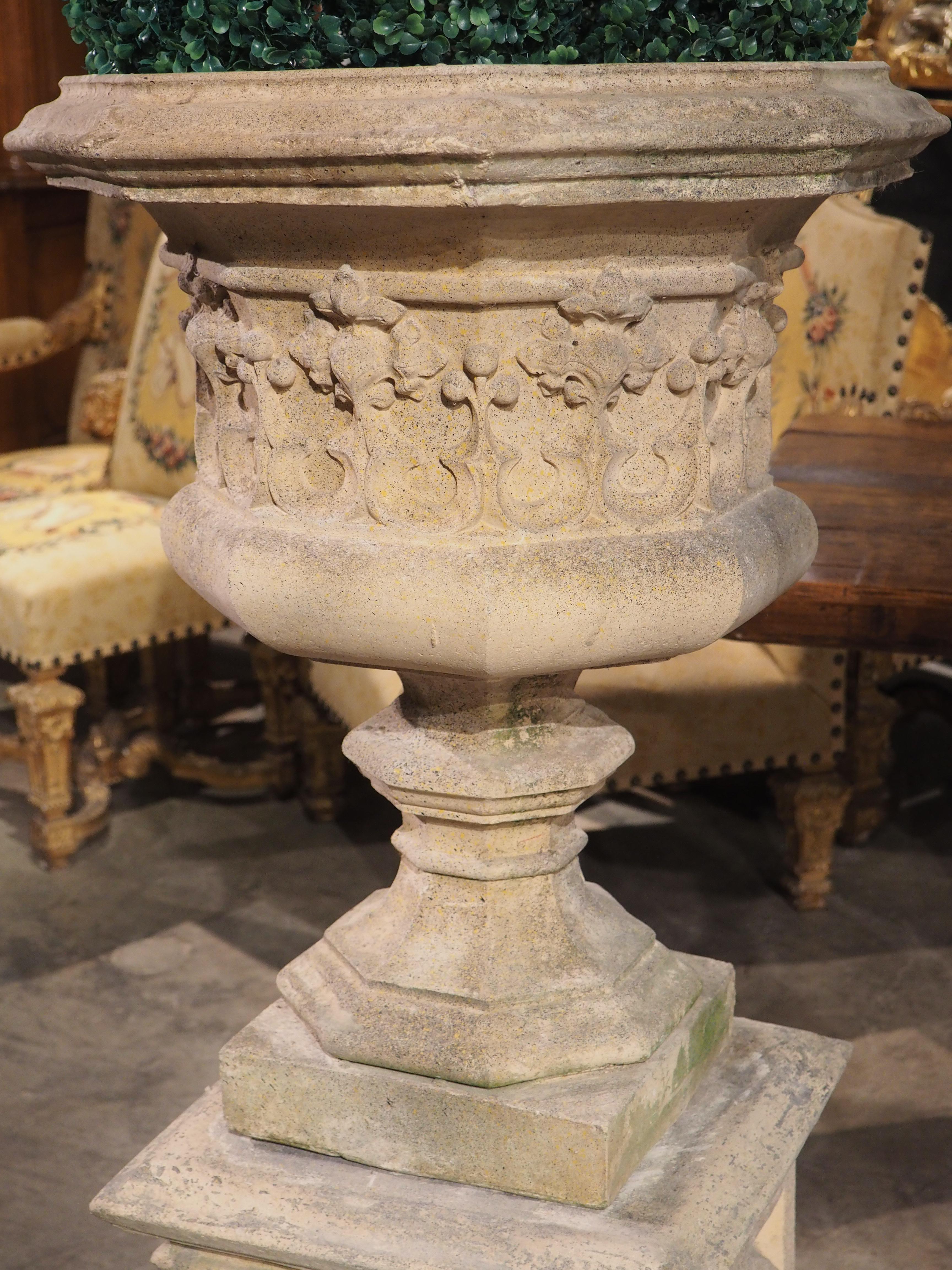 Contemporary Pair of Finely Cast French Gothic Vases on Matching Pedestals