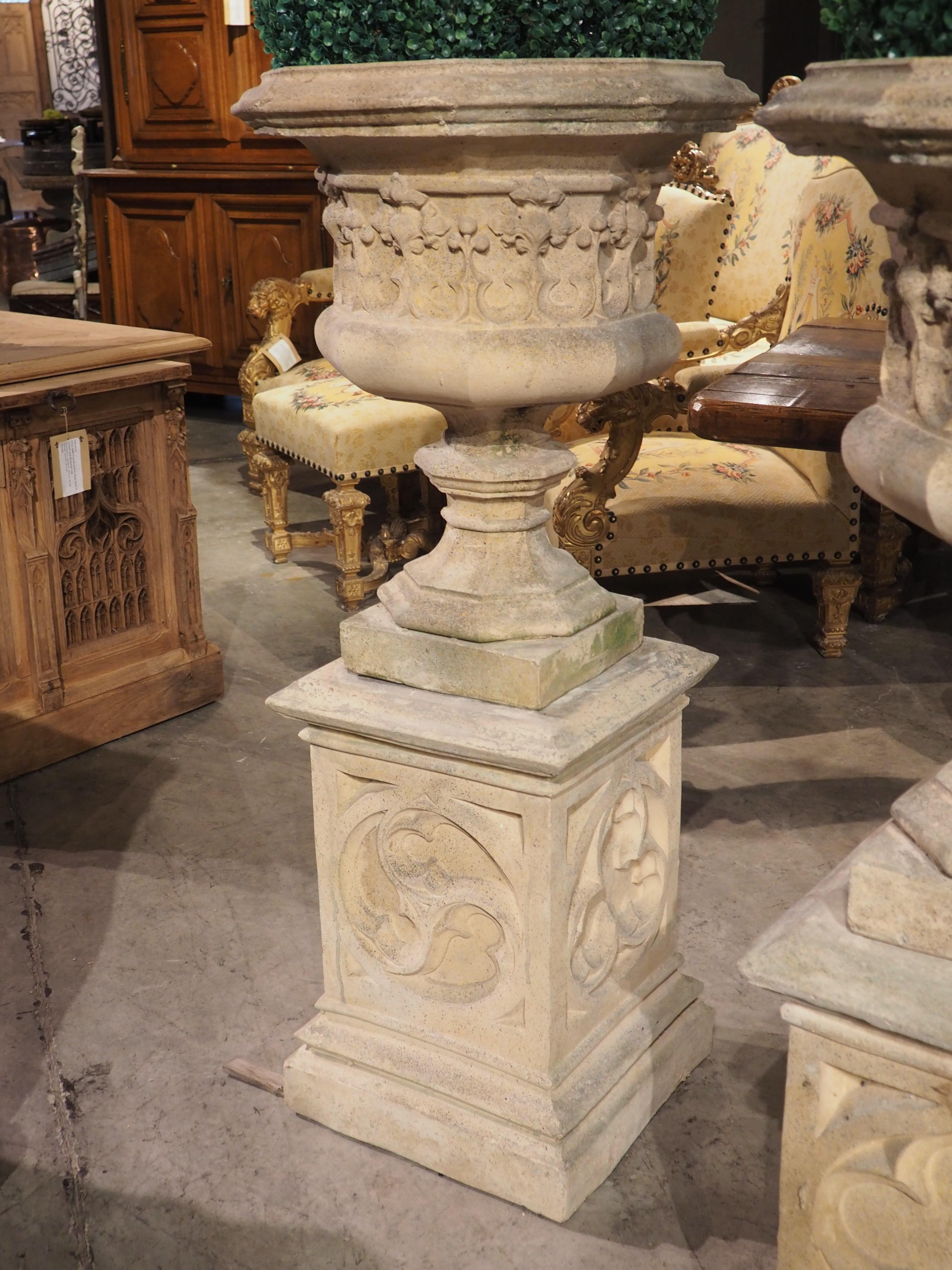 Pair of Finely Cast French Gothic Vases on Matching Pedestals 3