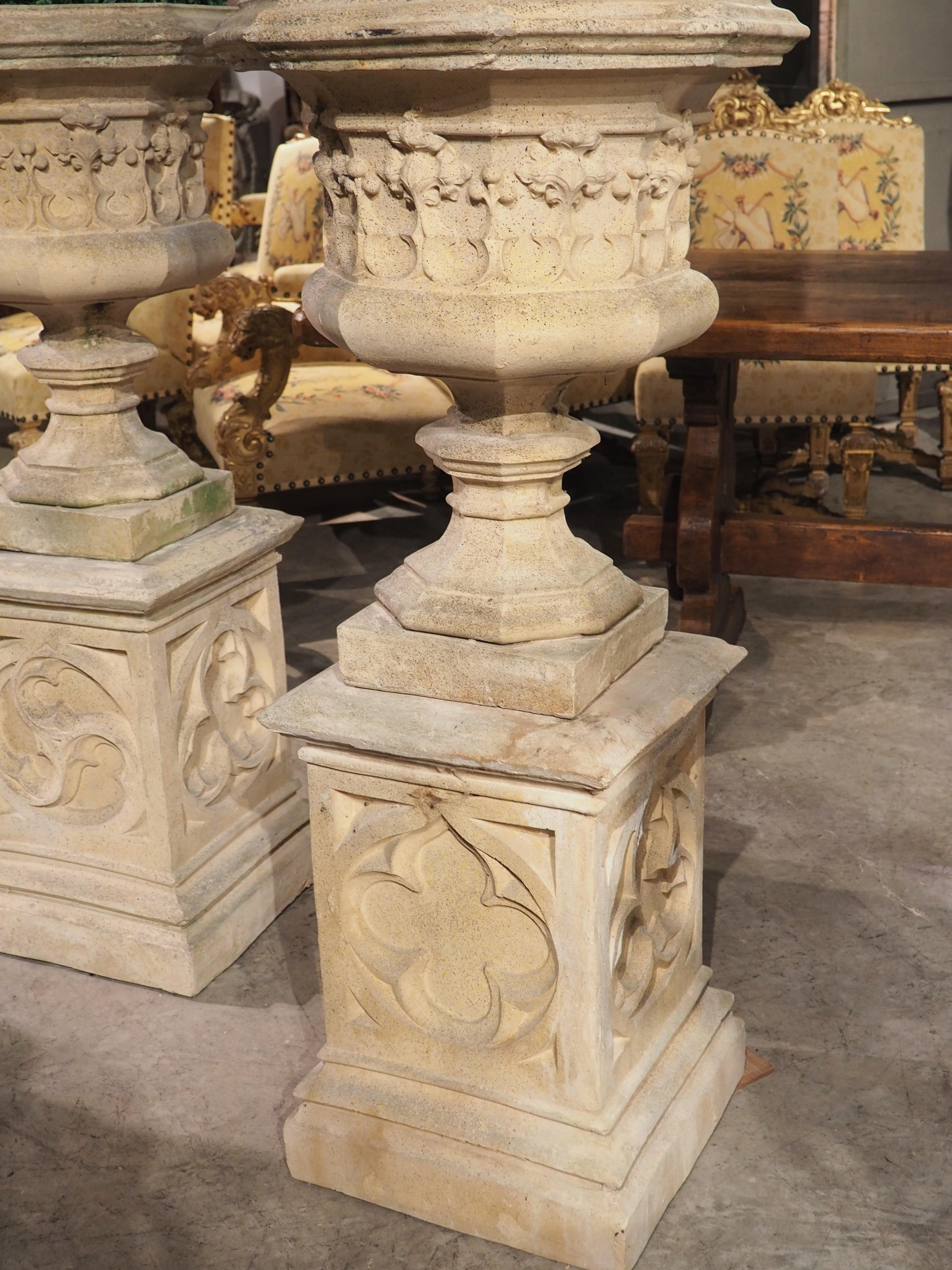 Pair of Finely Cast French Gothic Vases on Matching Pedestals 4