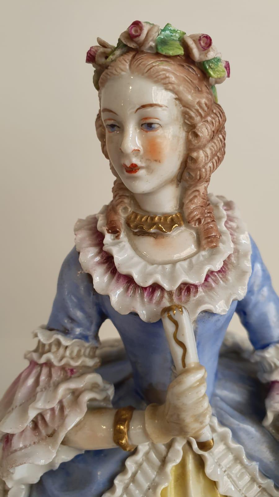 Porcelain Pair of antique porcelain ladies made in Sitzendorf (Germany) from the 19th cent For Sale