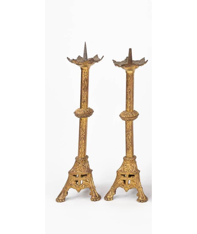 Belgian Pair of finely engraved gilt brass European Gothic Revival pricket candlesticks  For Sale