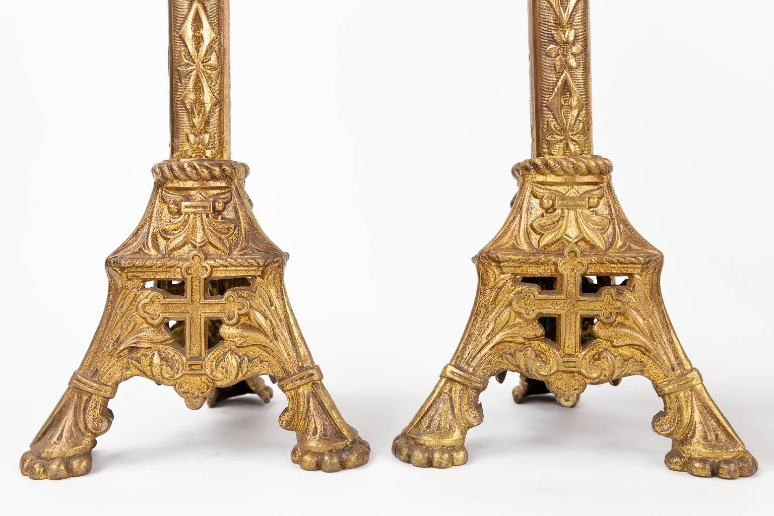 Cast Pair of finely engraved gilt brass European Gothic Revival pricket candlesticks  For Sale